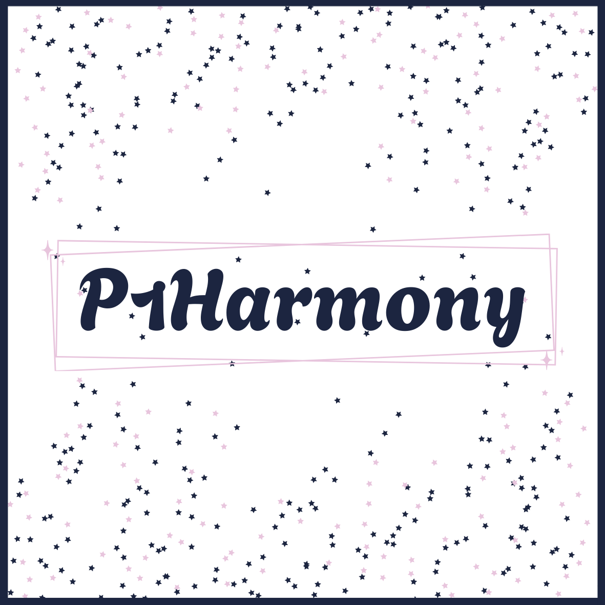Dark background with pink star-shaped confetti and the word 'P-1Harmony' in stylized text inside a pink rectangular outline.