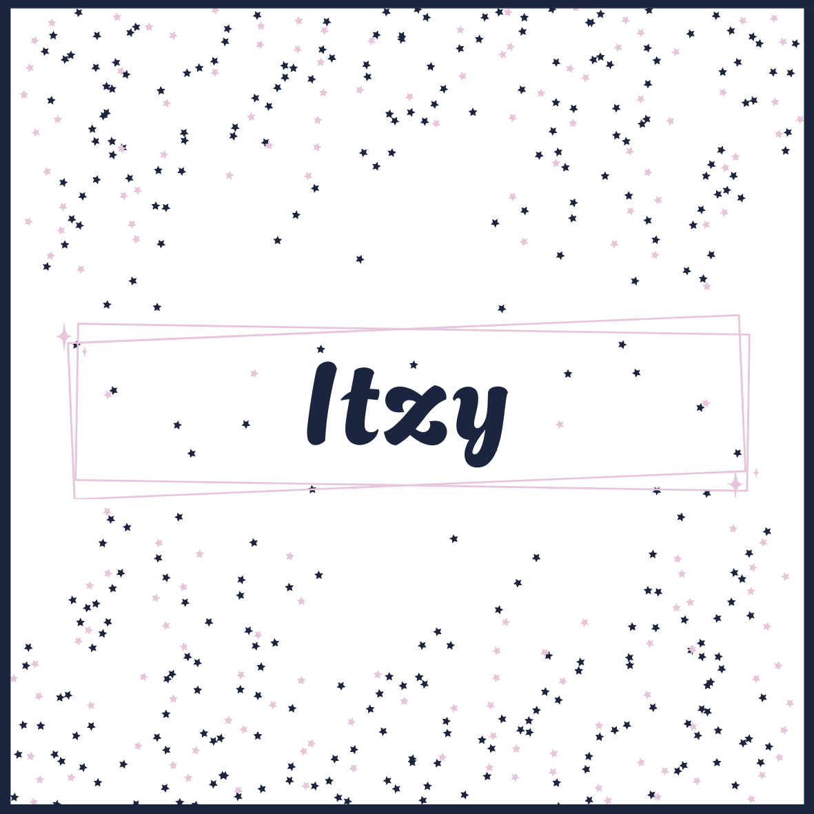 Dark background with scattered pink and blue star patterns and the word 'Itzy' in the center, outlined with a sketchy pink rectangle.