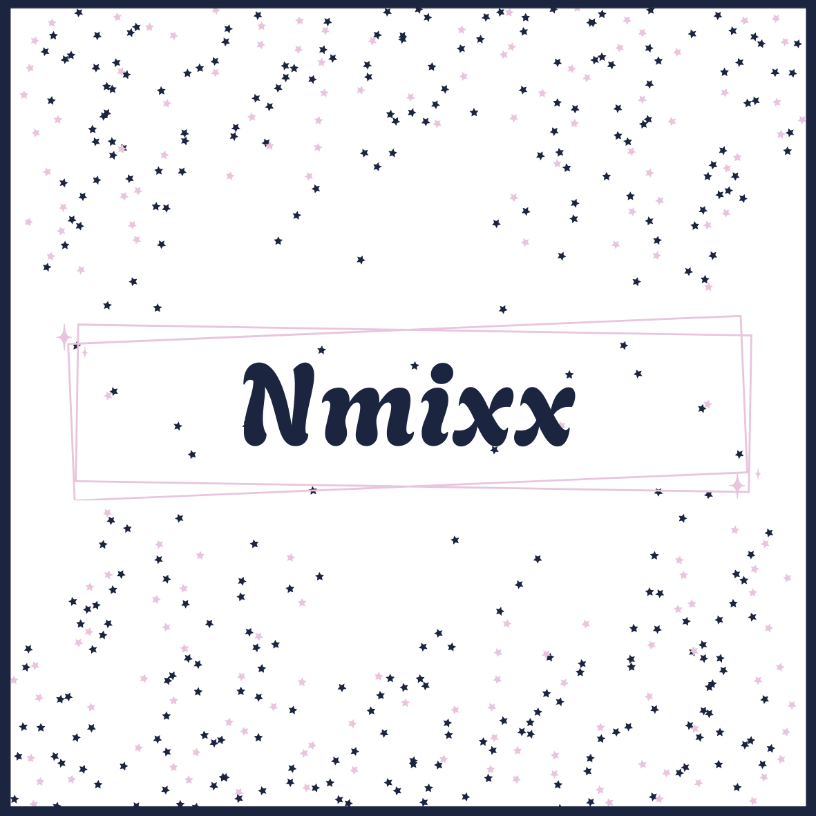 A digital graphic design featuring a dark, starry background with small pink and blue stars scattered throughout. In the center, there is a pink rectangular border in a sketch style surrounding the word 'Nmixx' written in bold, dark font.