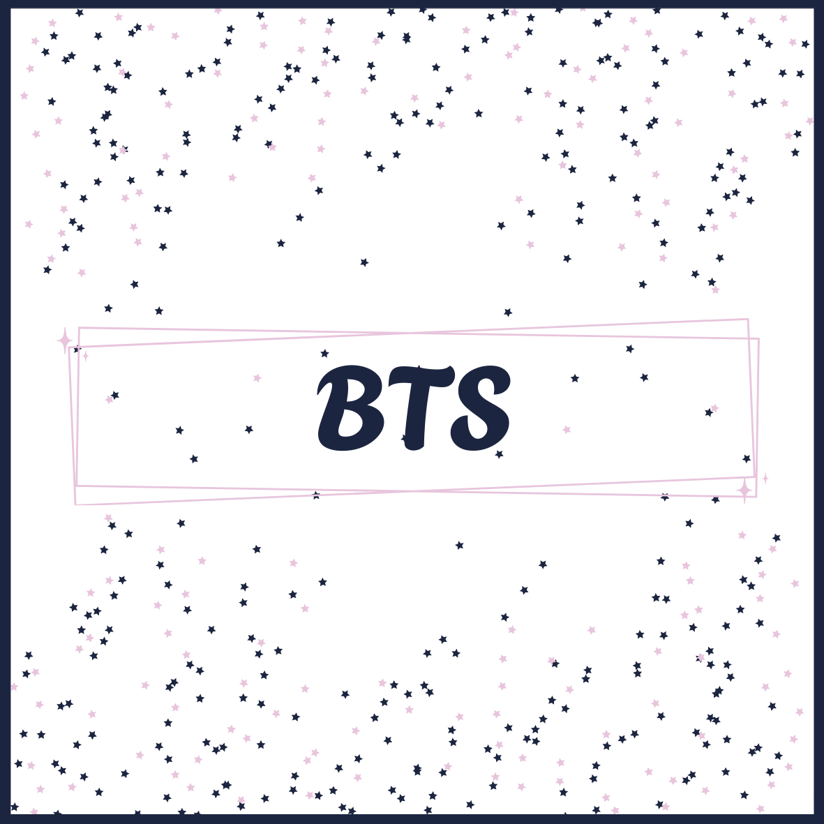 Dark background with scattered pink and purple stars and lights, with a pink outlined rectangle and the text 'BTS' in the center.
