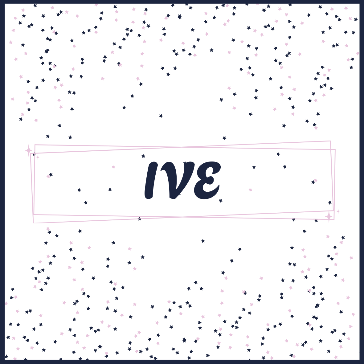 A dark background with scattered small pink and navy stars, featuring a pink outlined rectangular banner in the center with the word "LOVE" written upside down.