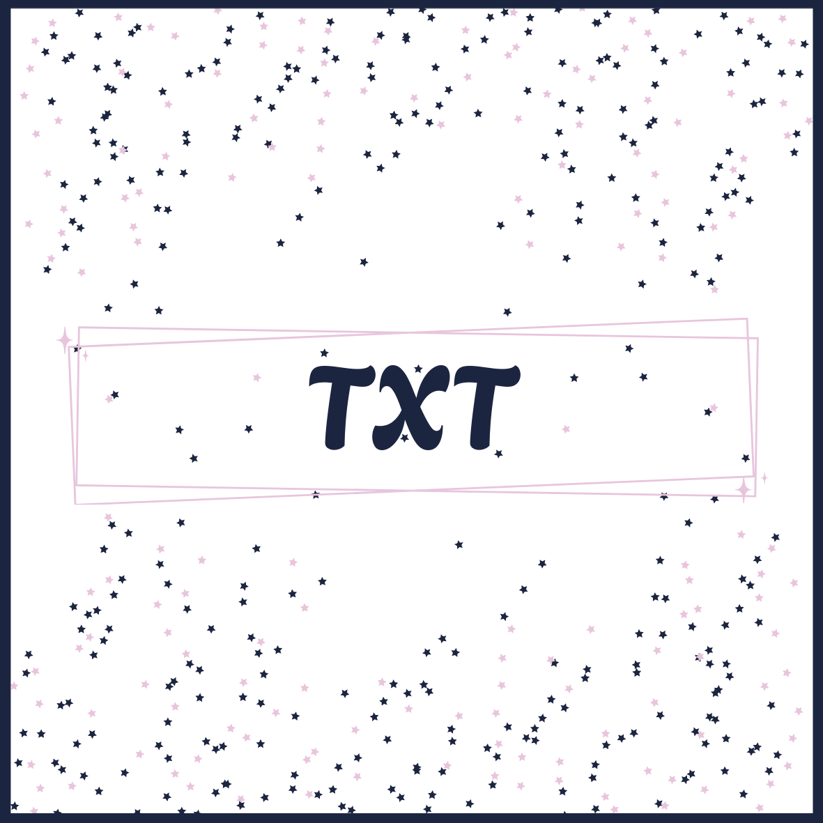 Dark background with scattered pink and blue star shapes, pink outlined rectangle with the word TXT in the center.