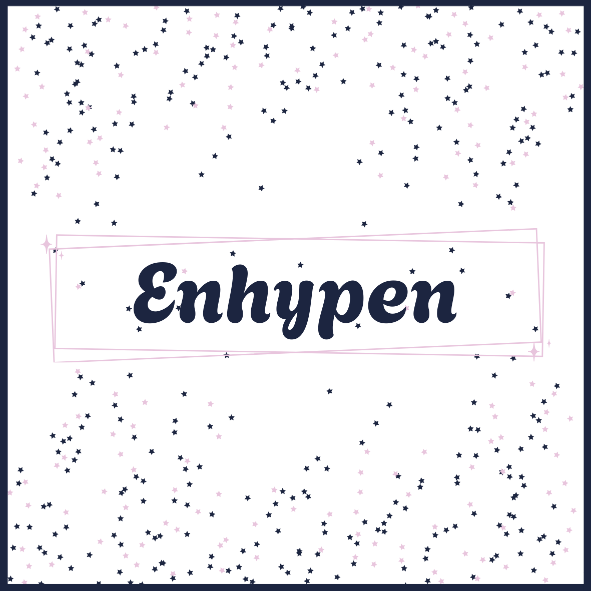 A graphic design featuring a black background with pink and purple star-like dots scattered across it. The word 'Enhypen' is written in dark blue, bold, cursive font within a pink rectangle outlined with a thin pink line.