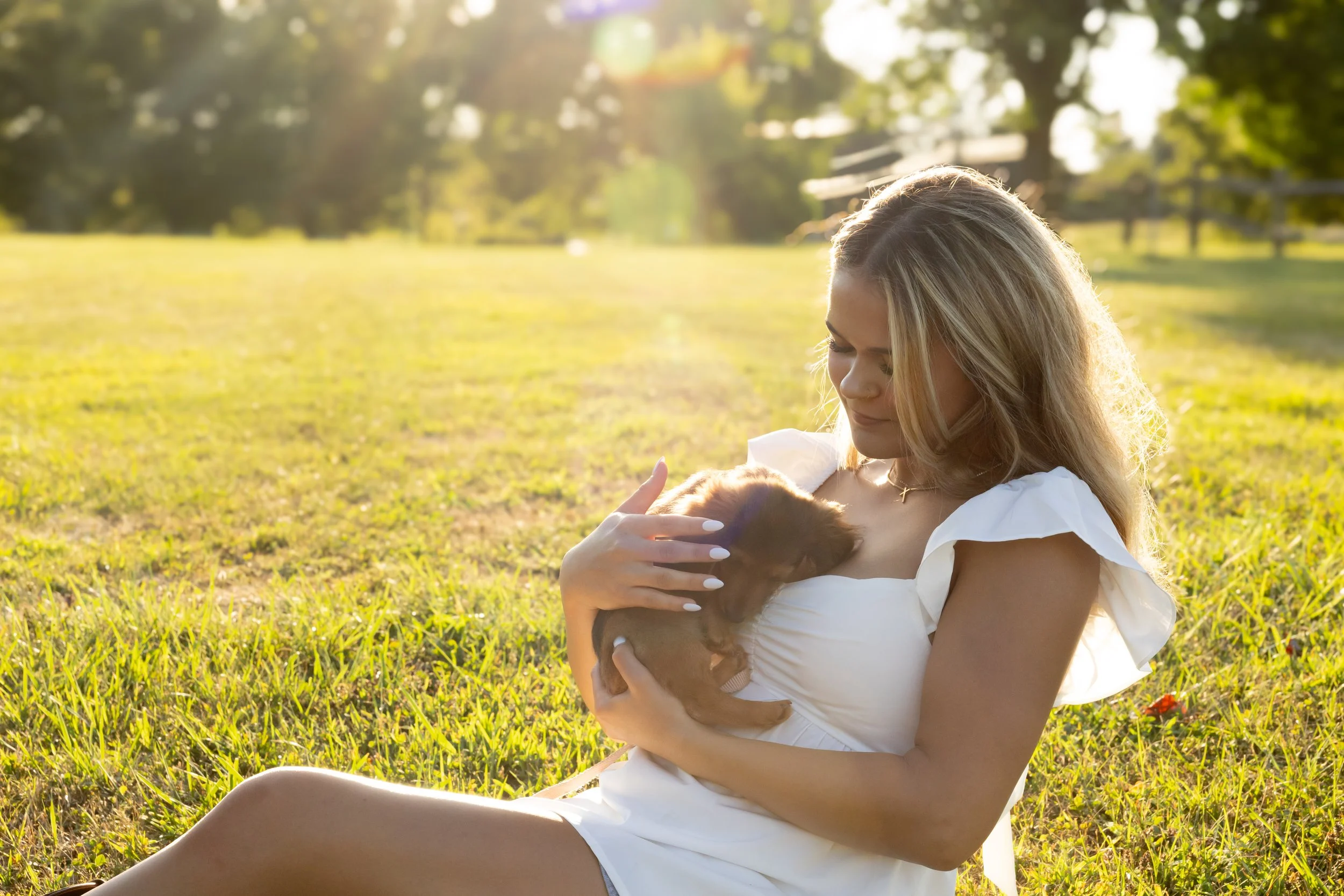 A woman in a white dress sitting on grass, holding and gently petting a brown puppy in her arms during sunset in a park.