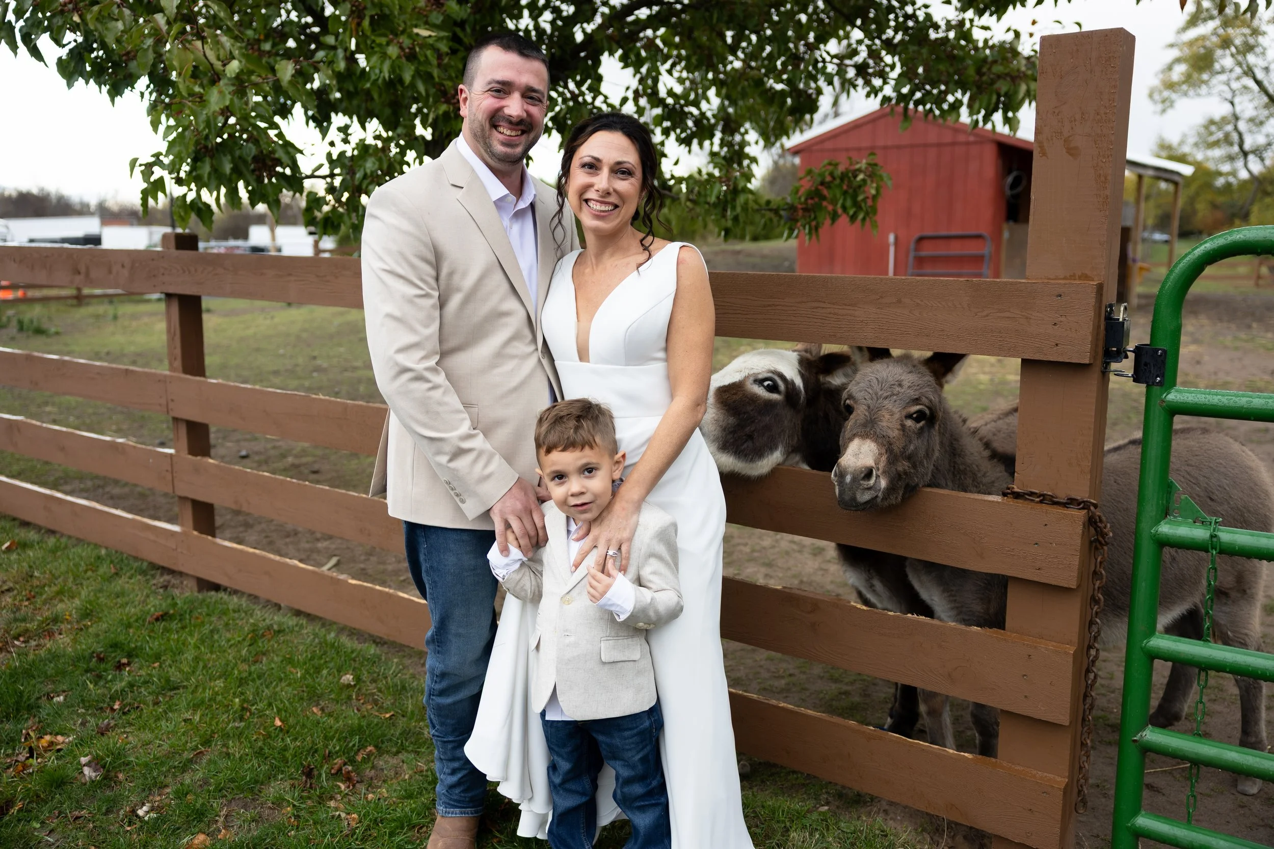Family of three standing in front of a wooden fence at a farm, with two donkey heads peering through the fence, trees, and a red barn in the background.
