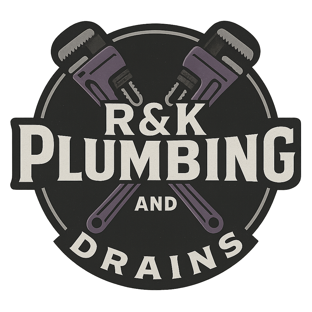 A logo for R&K Plumbing and Drains featuring crossed wrenches at the top and bold text.