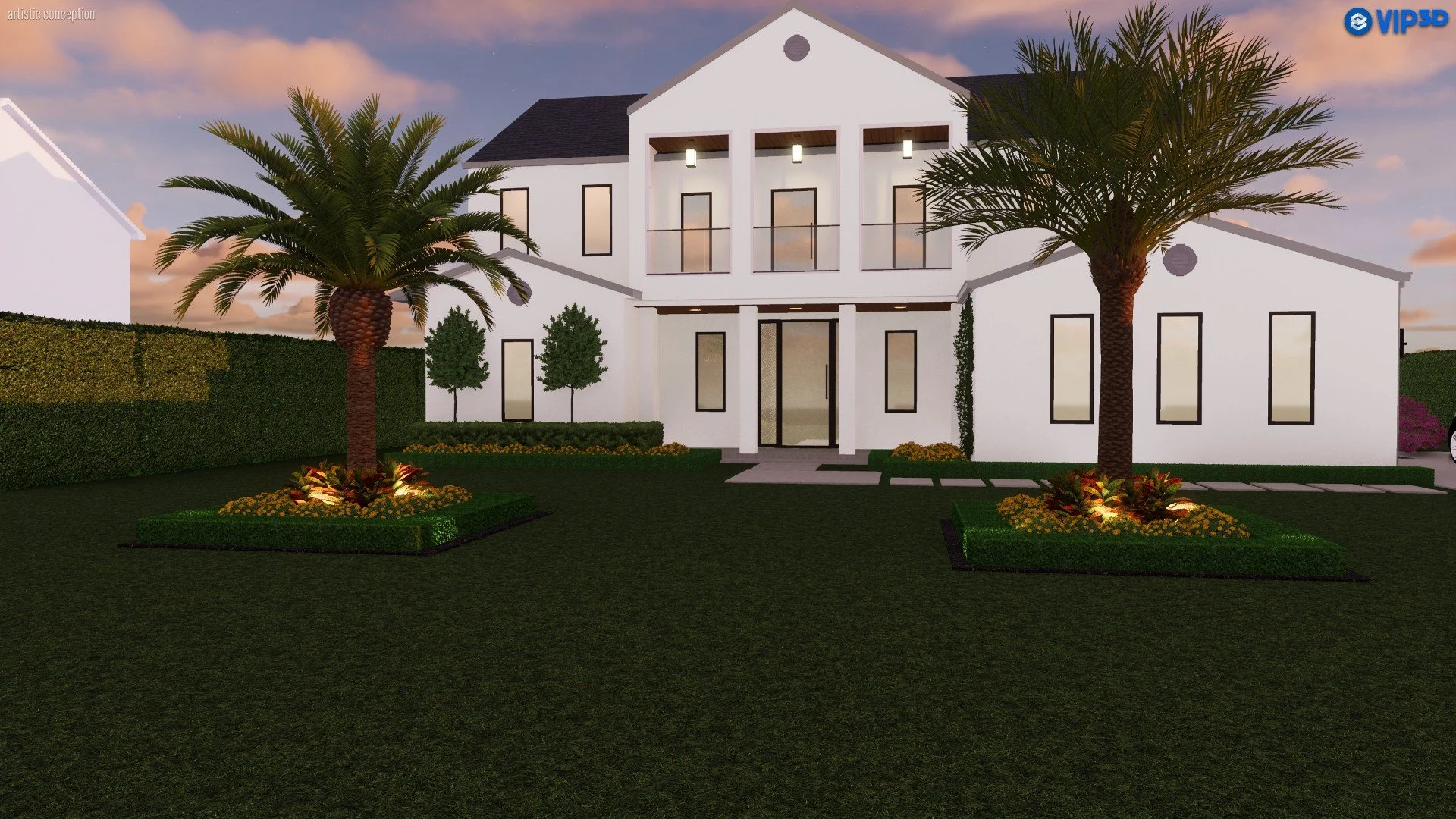 A modern white two-story house with large windows and balconies, surrounded by a well-manicured lawn, two palm trees with landscaped flower beds, and a sunset sky in the background.
