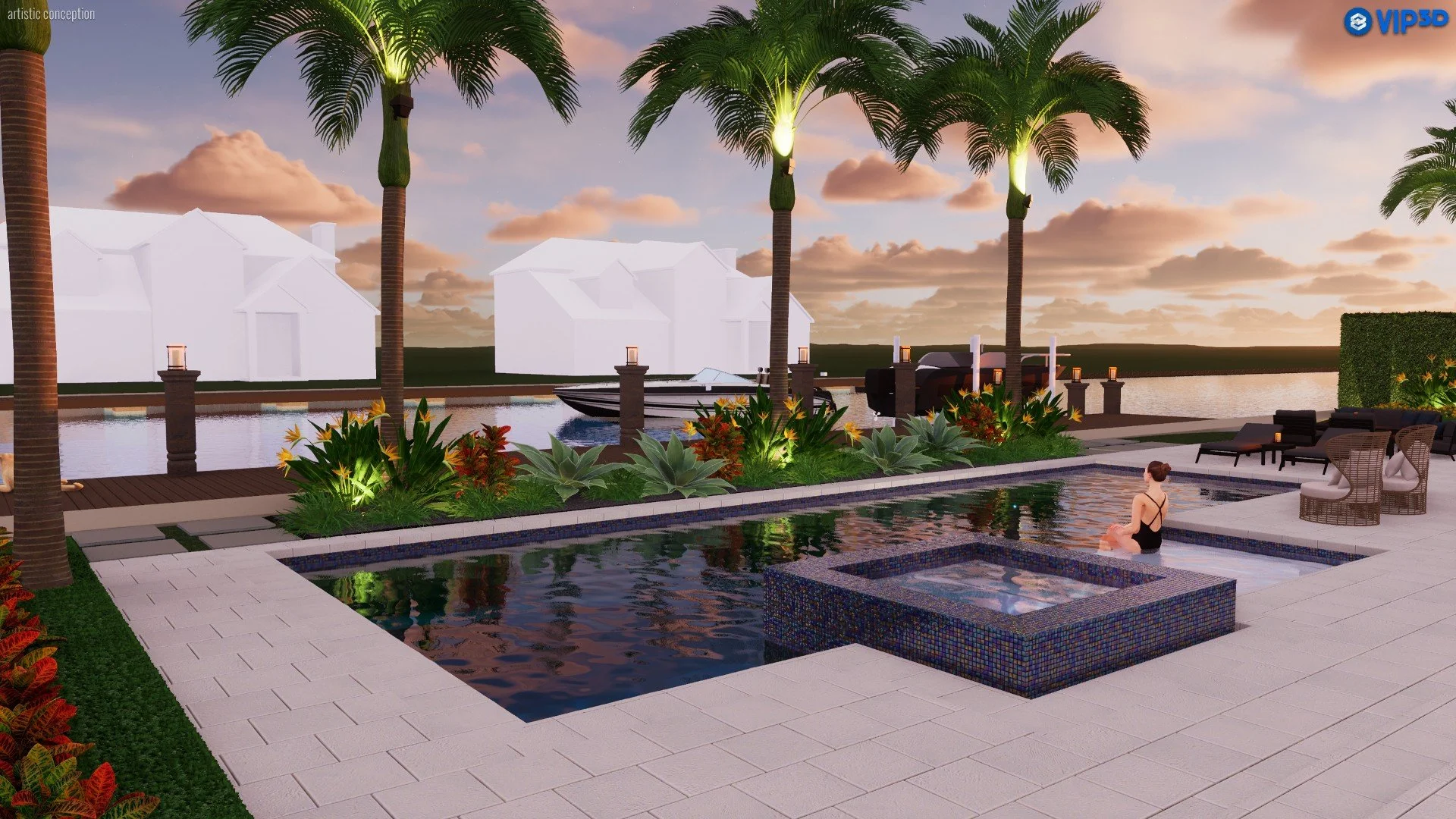 A woman sitting in a hot tub near a swimming pool by a tropical waterfront at sunset, with palm trees, lounge chairs, and a boat in the background.