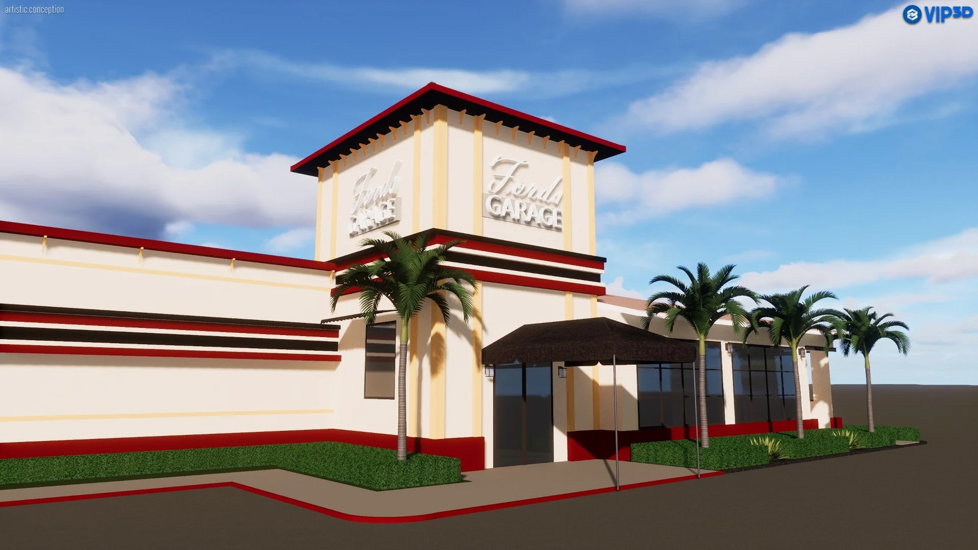 Rendering of a modern building labeled 'Fonda Garage' with a tall tower, surrounded by palm trees, green bushes, and a sidewalk, under a partly cloudy sky.