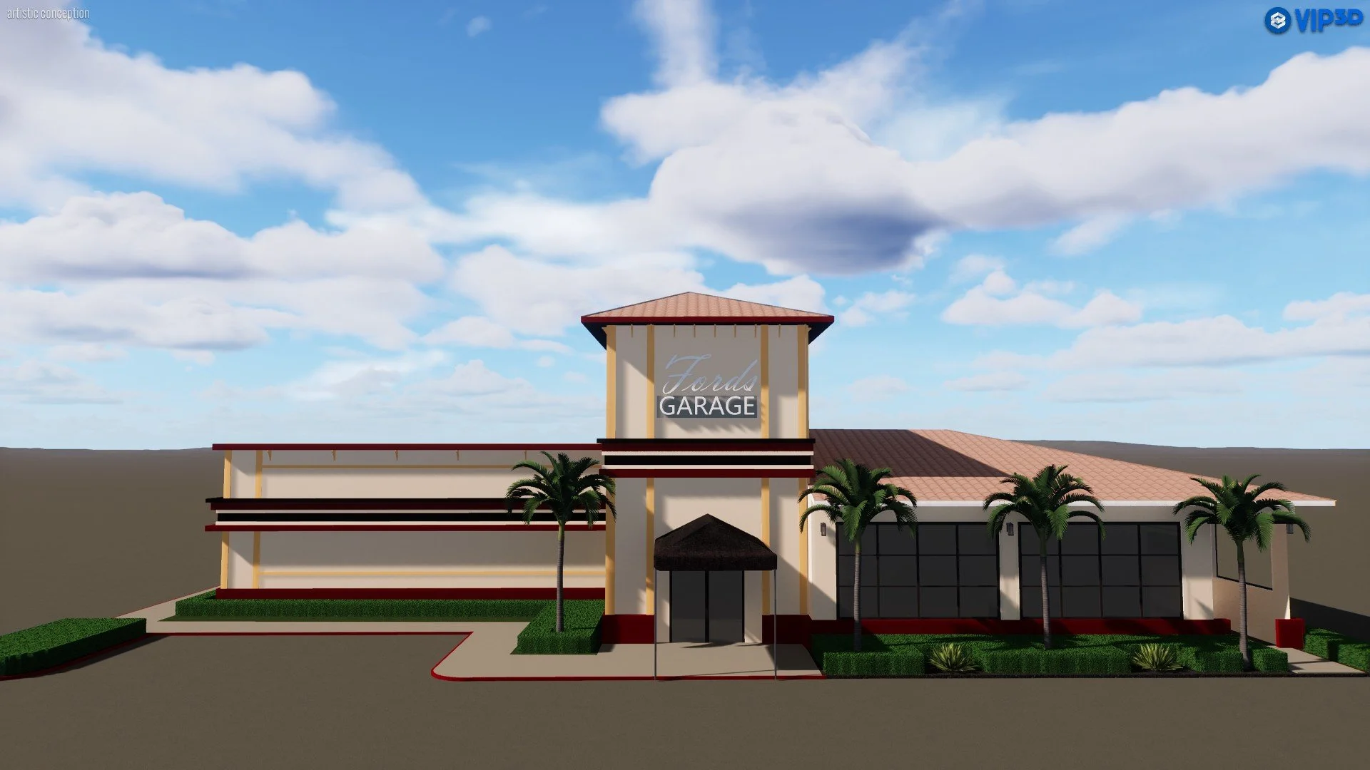 A 3D-rendered digital image of a modern building labeled "Fords Garage" with a clock tower, surrounded by palm trees and landscaped greenery under a partly cloudy sky.