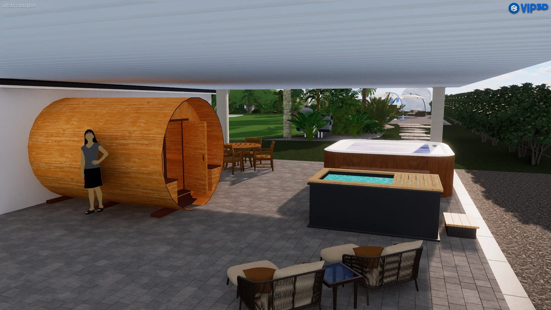 Outdoor backyard with a wooden sauna, hot tub, small pool, patio furniture, and lush green garden with trees and plants.
