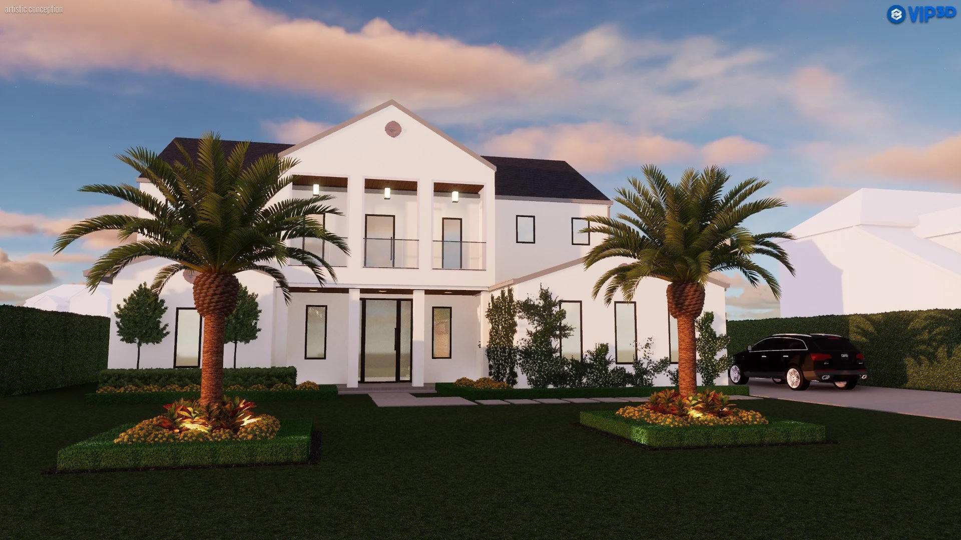 A modern two-story white house with a front yard featuring two palm trees, landscaped flower beds, and a driveway with a black car parked. The sky is partly cloudy with a warm sunset glow.