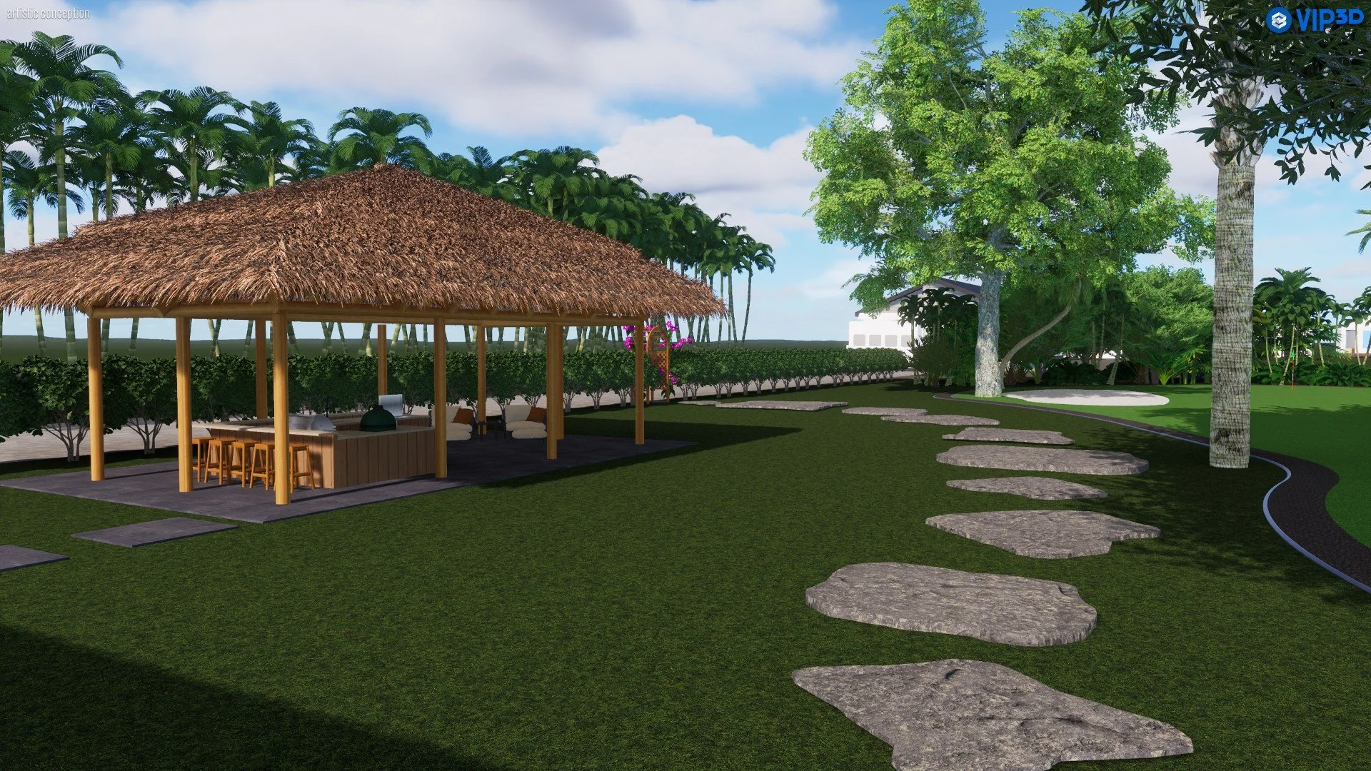 A tropical outdoor scene featuring a thatched-roof hut with a bar and stools, surrounded by lush green grass, trees, and a stepping stone pathway. Palm trees and other foliage are visible, with a partly cloudy sky overhead.