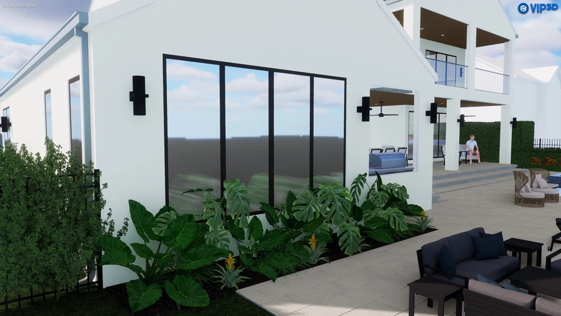 Modern multi-level house with outdoor patio, glass doors, seating area, and greenery.