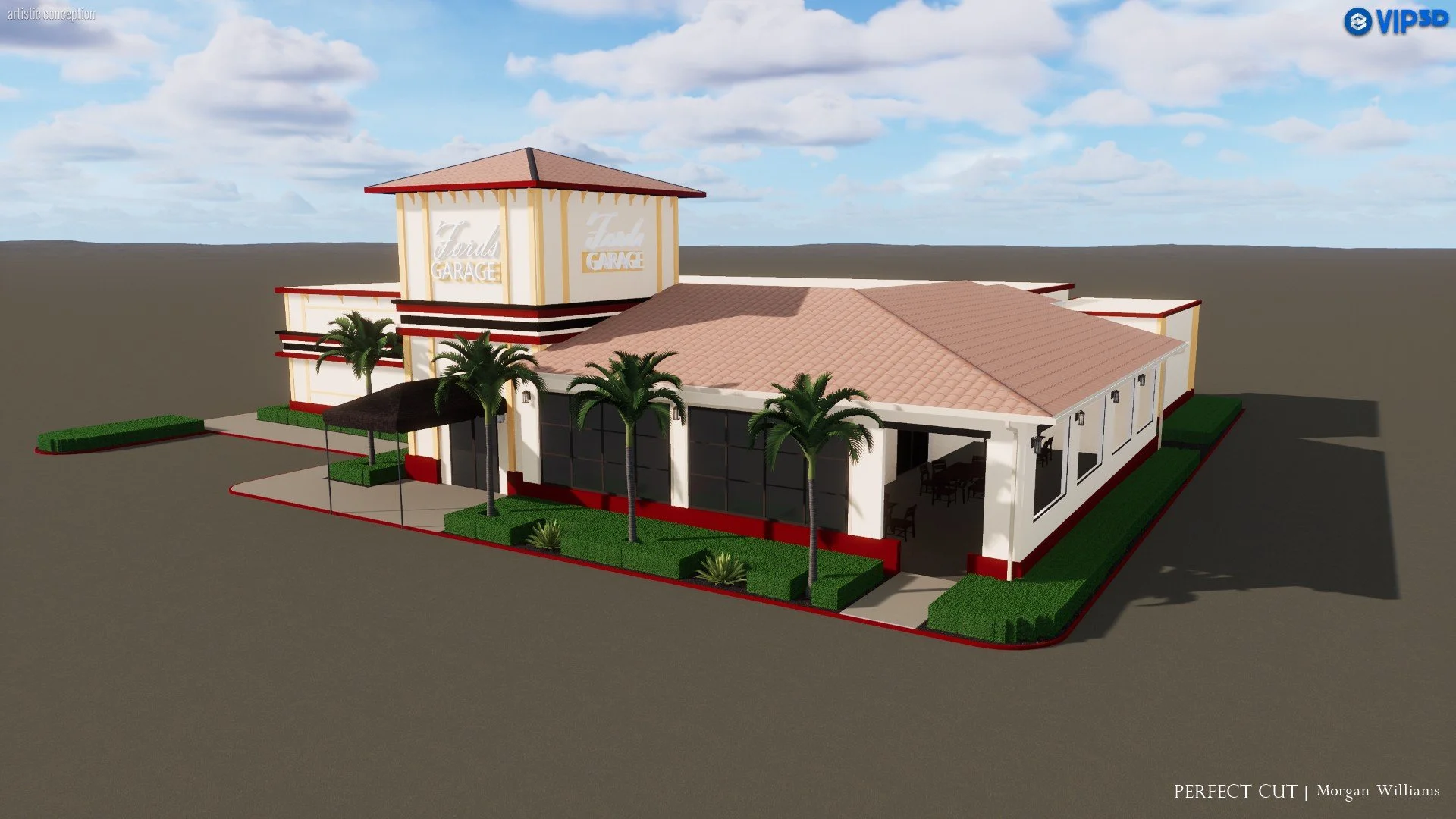3D rendering of a modern garage building with palm trees and landscaped surroundings.