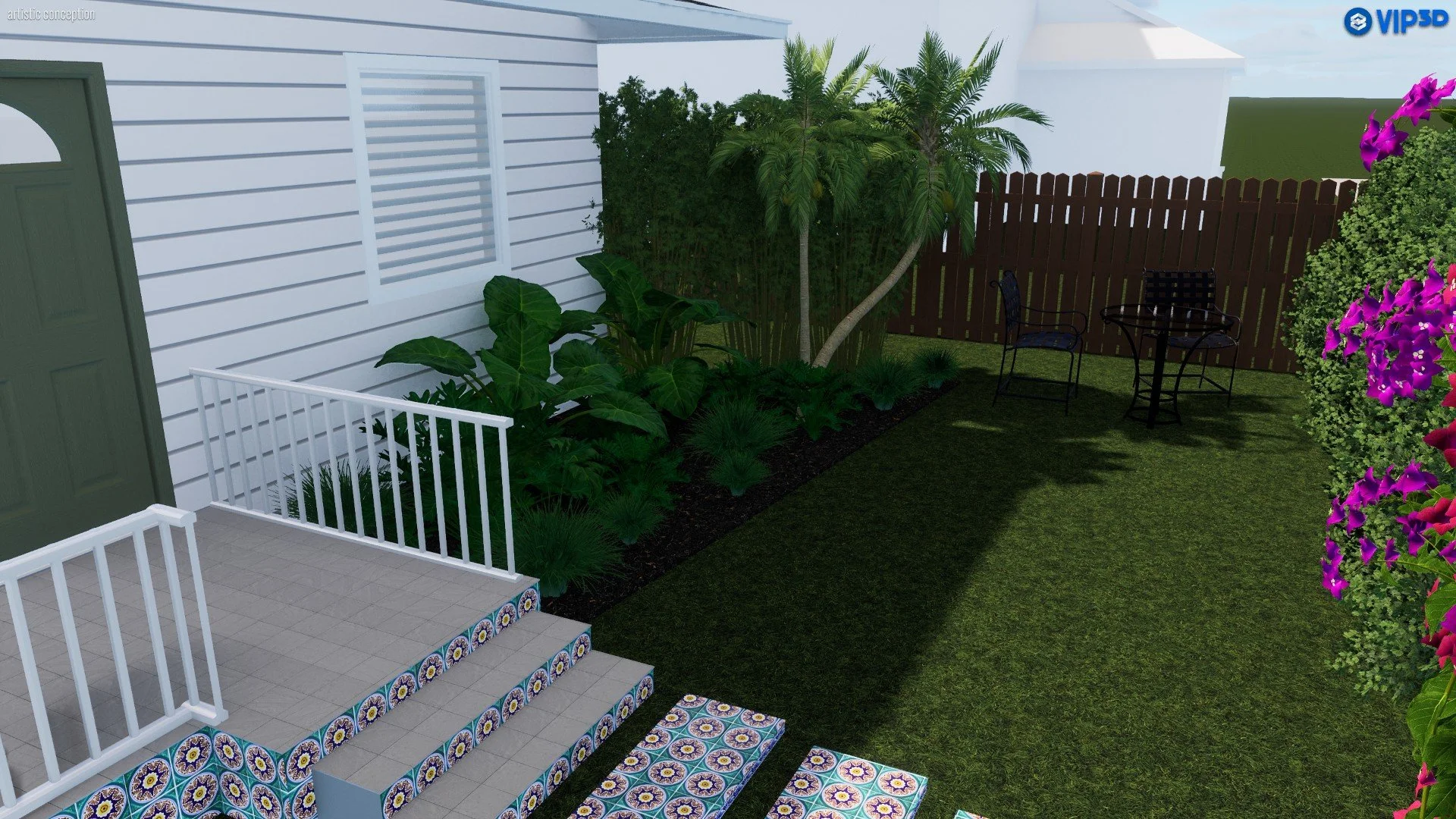 View of a backyard garden with a patio, green door, white siding, lush green plants, mature palm trees, a brown wooden fence, a small round table with two chairs, and vibrant pink and purple flowers on the right side.