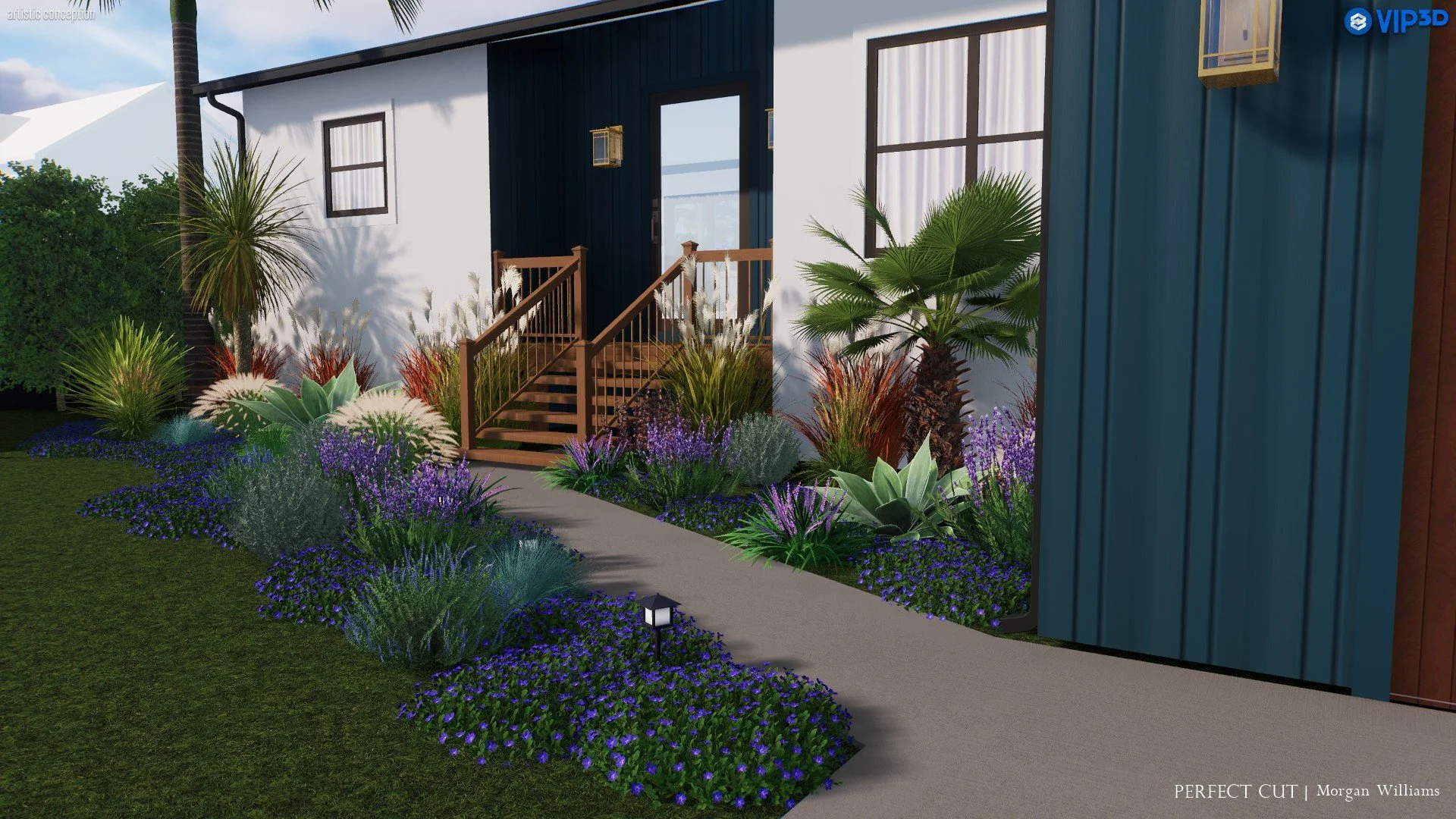 A modern house exterior with a small wooden staircase leading to a door, surrounded by colorful desert-style plants and flowers, including agave, palm, and purple flowering shrubs, with a well-maintained lawn and landscaping.