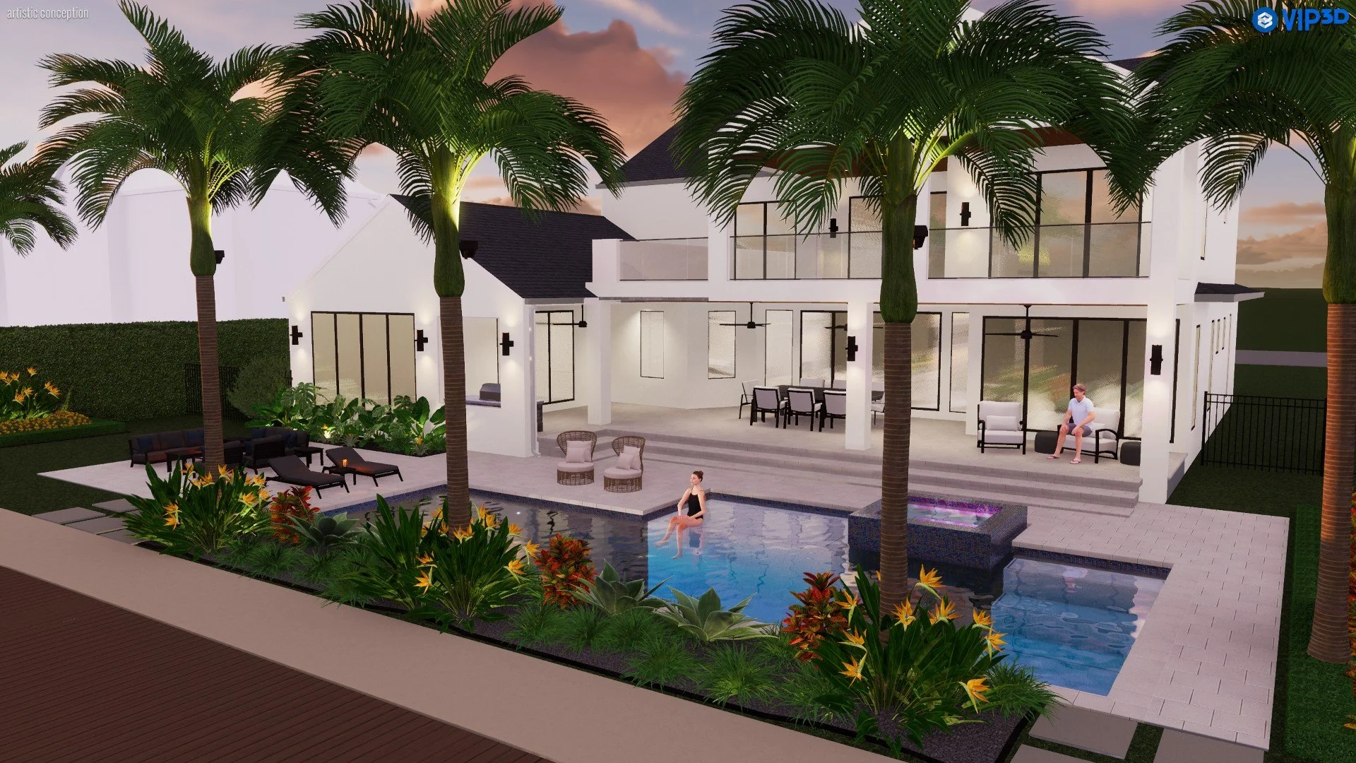 Modern two-story house with outdoor pool area, surrounded by palm trees and tropical plants, during sunset. There are lounge chairs and outdoor seating, with a person sitting by the pool and another person sitting on a lounge chair on the upper patio.