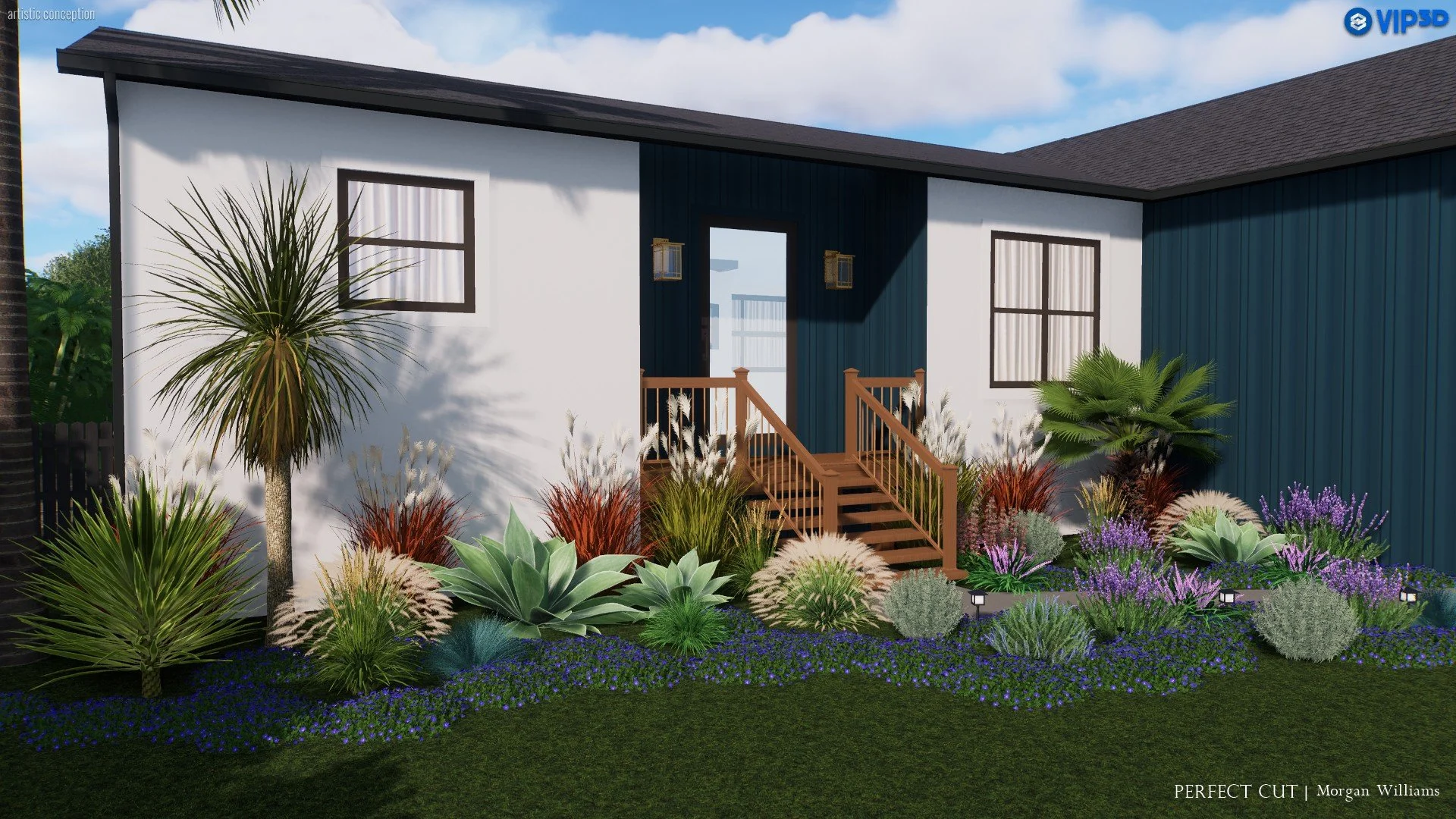 A modern house with white and dark blue exterior walls, wooden stairs leading to a front door, surrounded by desert plants, succulents, and colorful flowers in a landscaped garden under a partly cloudy sky.