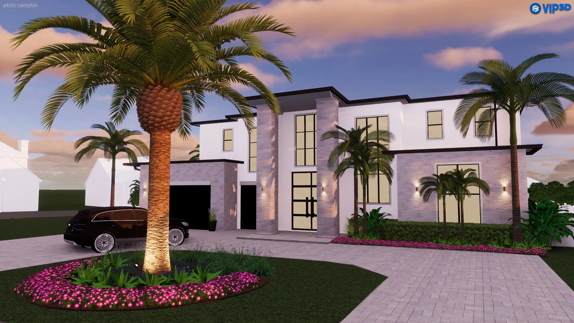 Modern multi-story house with palm trees, a paved driveway, and landscaped garden at sunset.