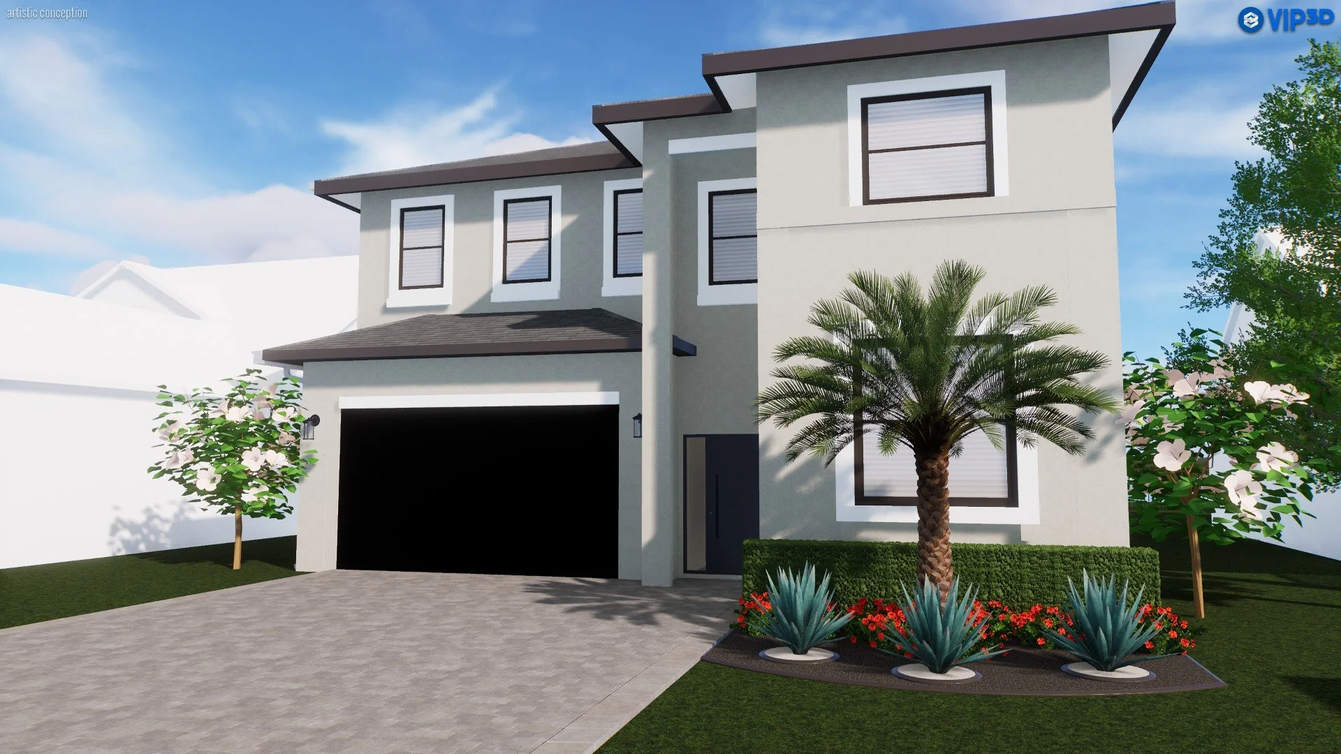 Modern two-story house with gray exterior, black window frames, and a garage, surrounded by landscaping including palm trees, flowering plants, and a paved walkway, under a partly cloudy sky.
