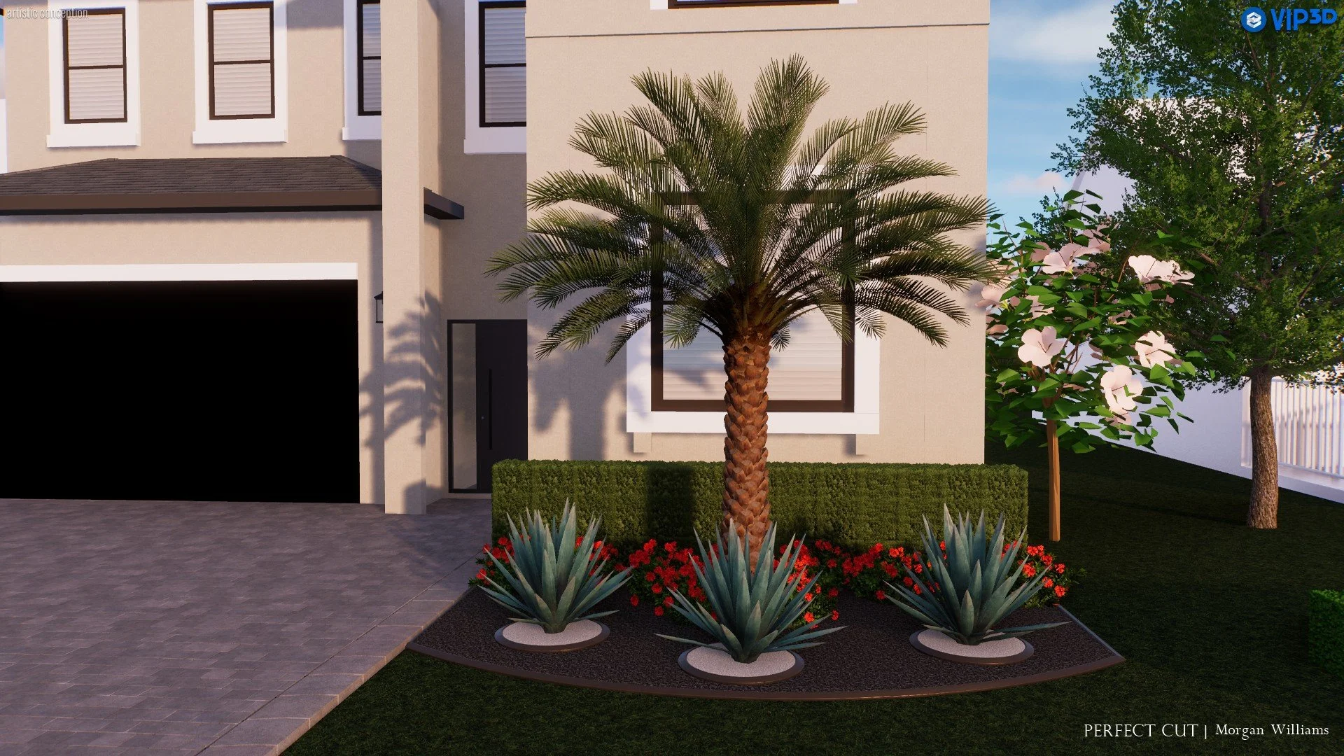 Front yard landscape with a large palm tree, agave plants, red flowers, a green hedge, and a sidewalk in front of a modern beige house with brown window frames.