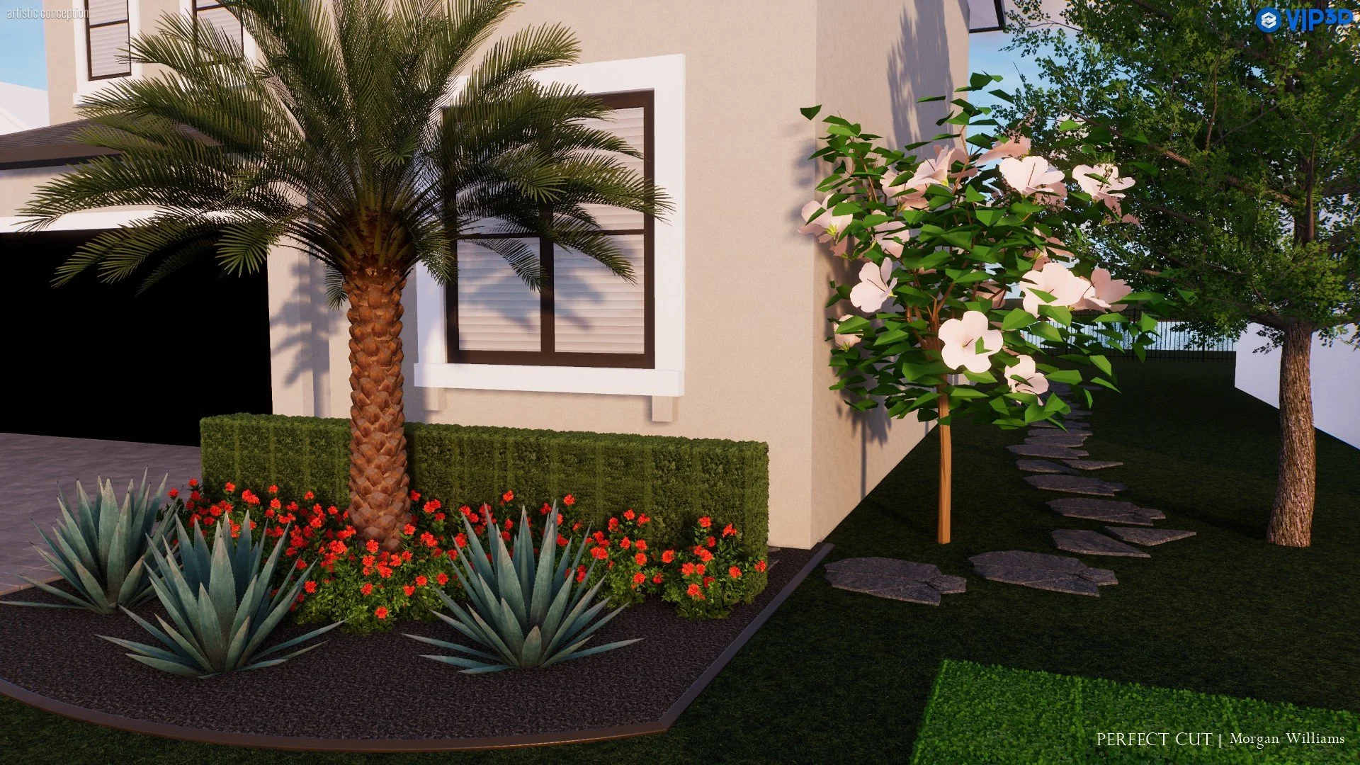 A landscaped yard with a palm tree, red flowers, agave plants, a bush, a flowering shrub with white flowers, a stone pathway, and a house with a window.