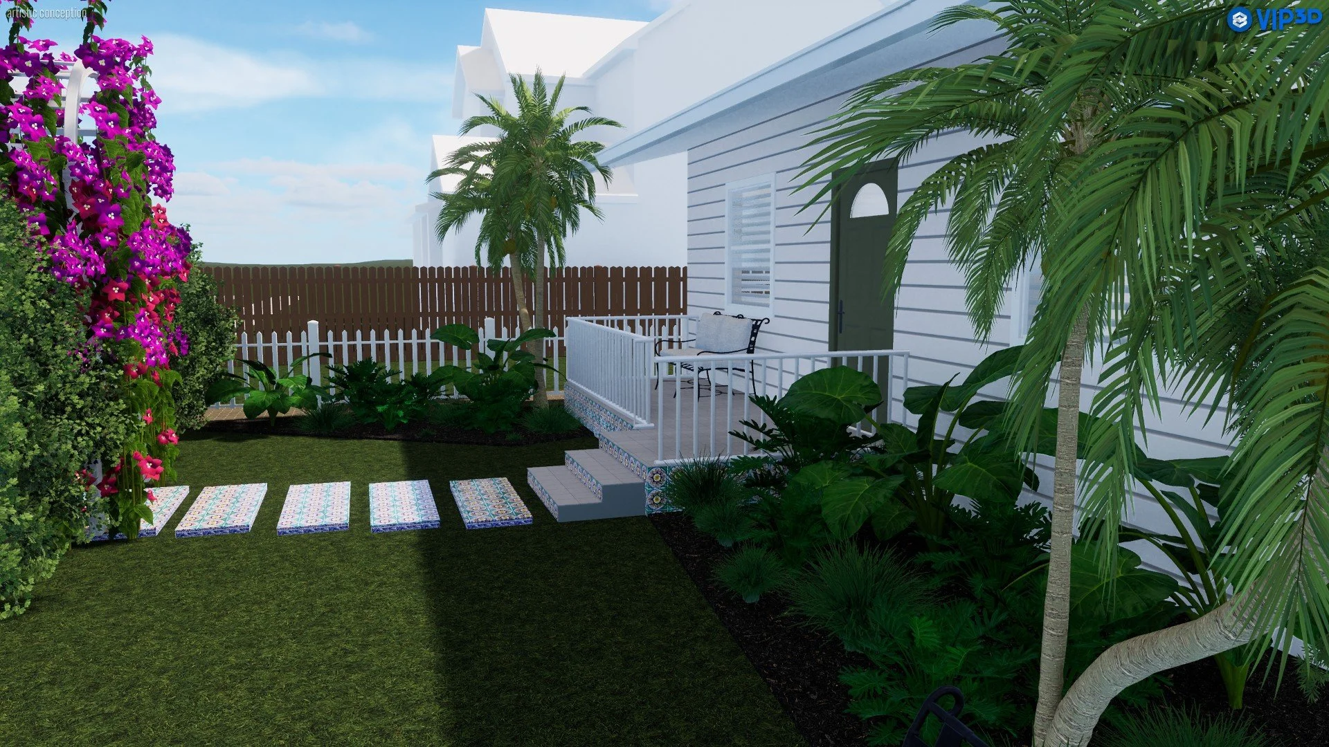 A backyard garden with a white house, wooden fence, tropical plants, palm trees, and a small patio with steps, a bench, and stepping stones on a grassy lawn.
