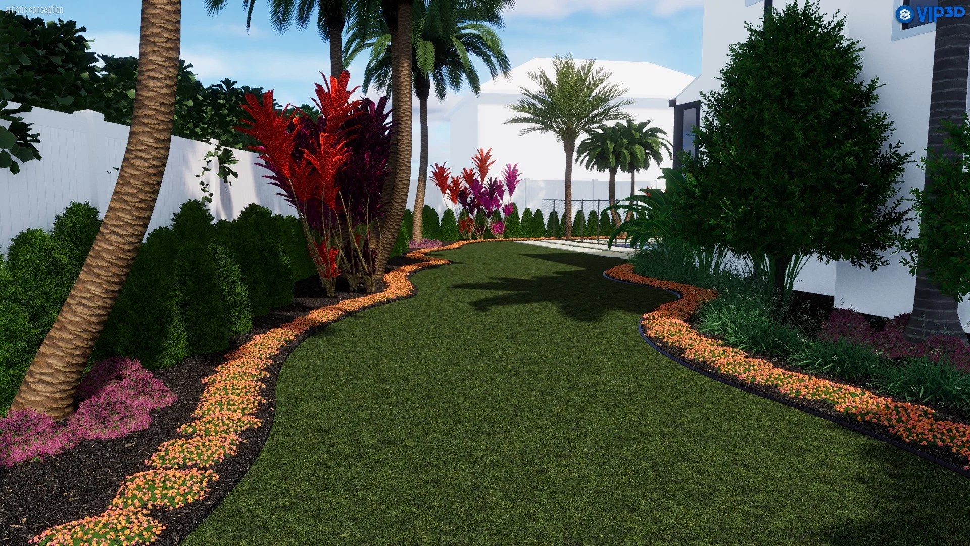 A landscaped garden with a curved pathway, various trees including palm trees, colorful tropical plants, and flower beds with orange, pink, and purple flowers, bordered by neatly trimmed bushes and grass.