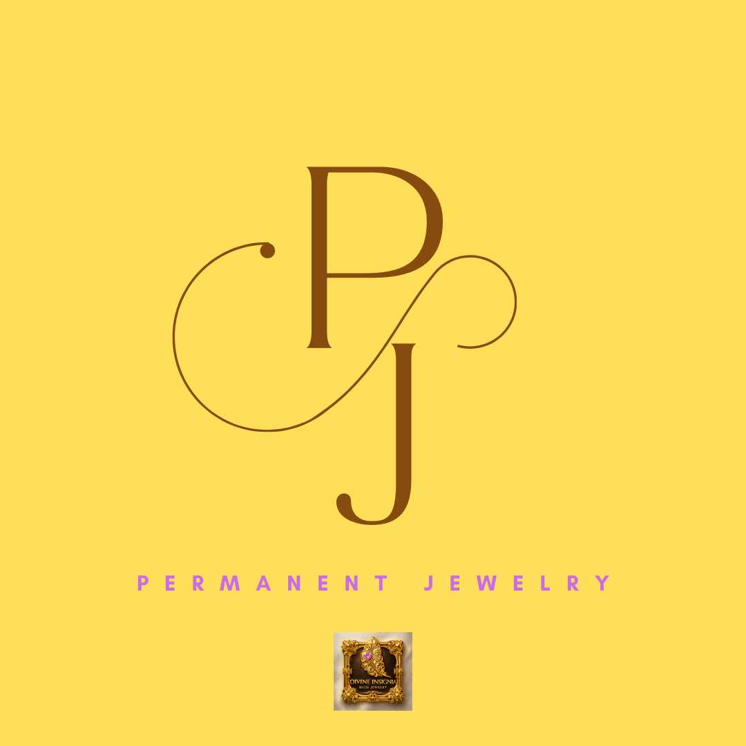 A logo with the letters P, J, and P in a decorative font, with the words "PERMANENT JEWELRY" underneath in pink text on a yellow background. There is also a small golden frame with jewelry at the bottom.