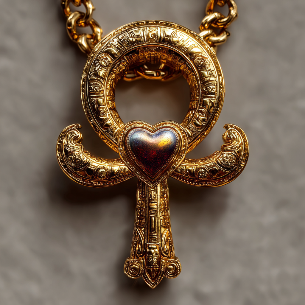 Close-up of a gold necklace pendant shaped like an ankh with a heart in the center, featuring intricate designs and a shiny metallic finish.