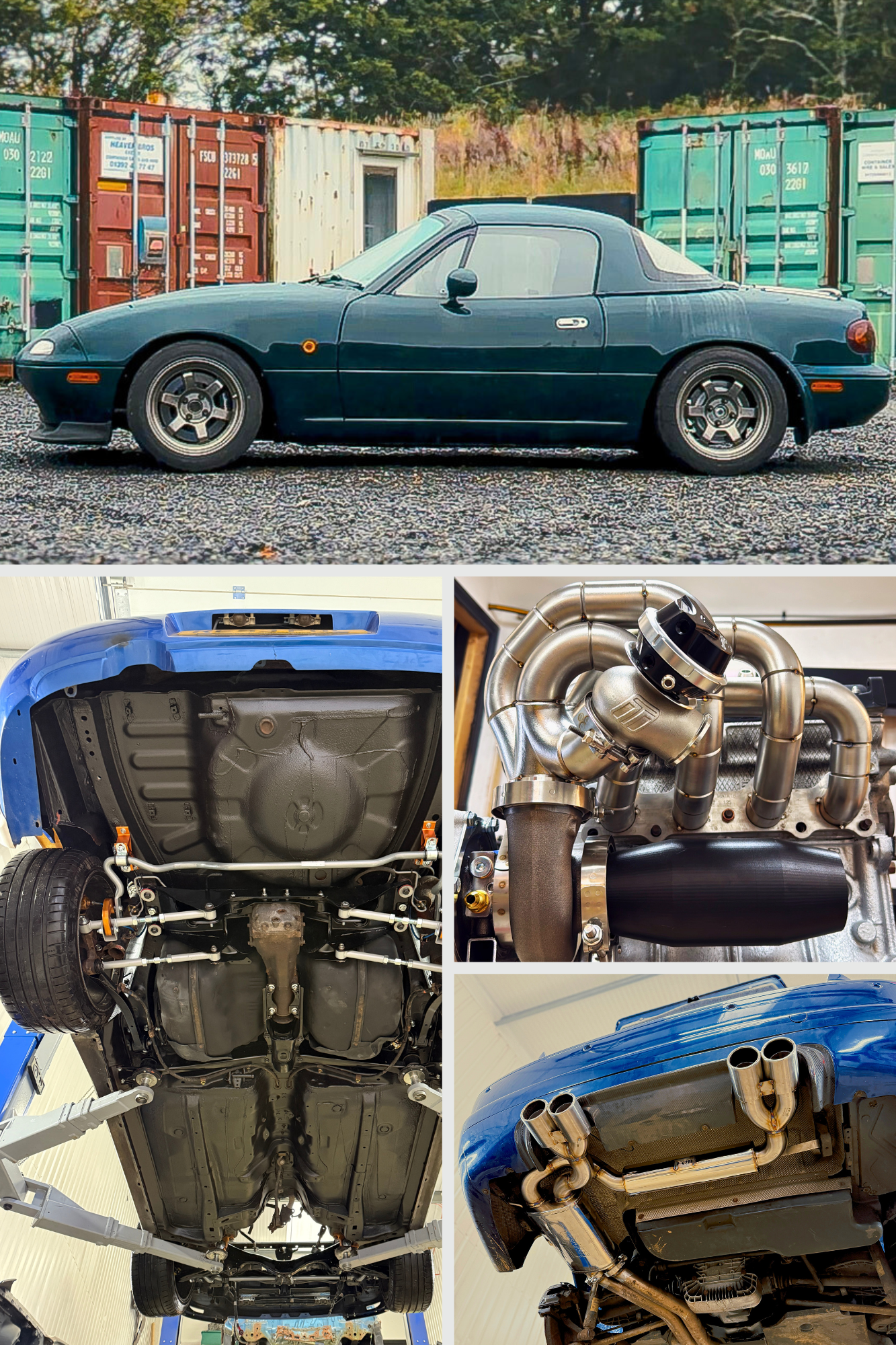 A collage of work from FOJI Raceworks. A MK1 mx5 miata that we restored. A bespoke turbo manifold for a 1.6 MX5 Engine. An underbody on a Subaru impreza that FOJI Raceworks restored. Finally a BMW M3 Exhaust system built by Foji