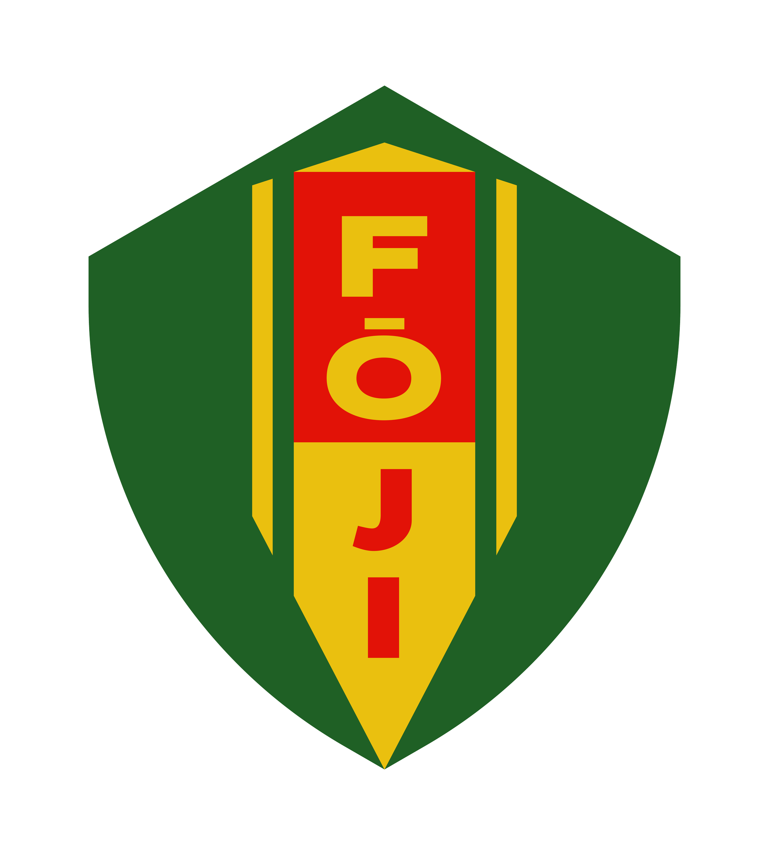 A shield logo with a green background and a yellow and red vertical banner in the center. The banner has the text 'F-O-J-I' in yellow lettering.