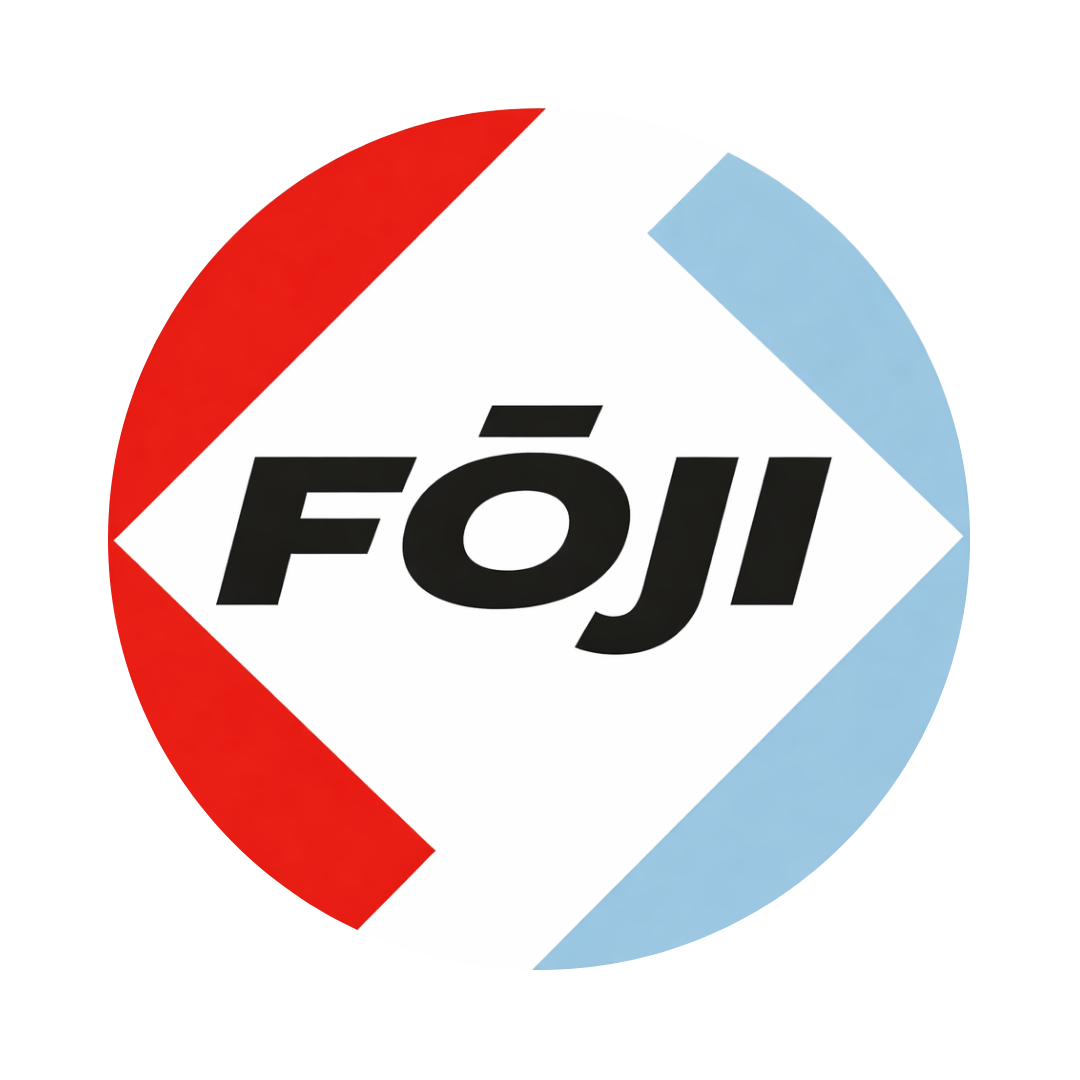 Diamond-shaped logo with red, white, and light blue sections and black text 'FŌJI' in the center.