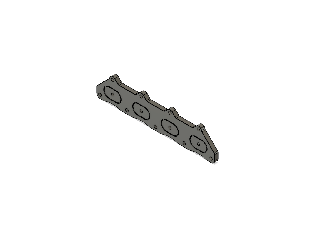 A 3D model of a gasket or mounting bracket with multiple oval-shaped holes
