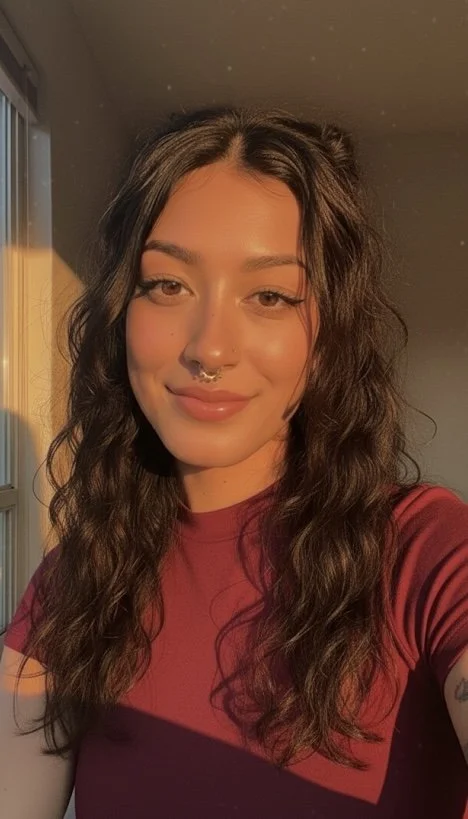 A young woman with long, wavy brown hair, wearing a red shirt, smiling in sunlight inside a room near a window.