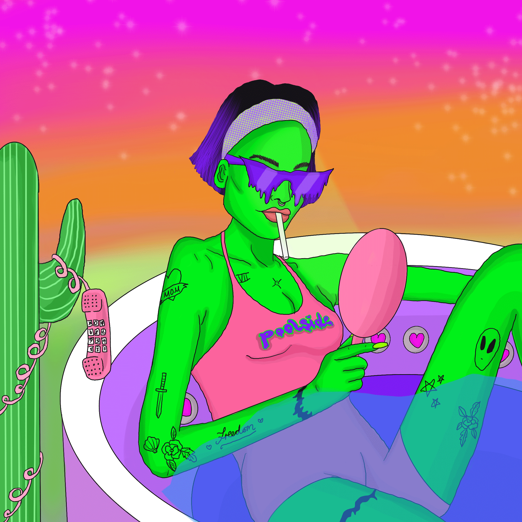 A digital illustration of a green-skinned woman with purple hair, wearing sunglasses, with a tropical background featuring a sunset, cactus plants, and stars.