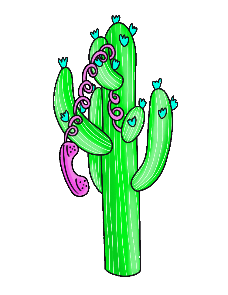 A digital illustration of a green cactus with pink and blue accents, featuring multiple arms, curls, and a pink telephone attached to its side.