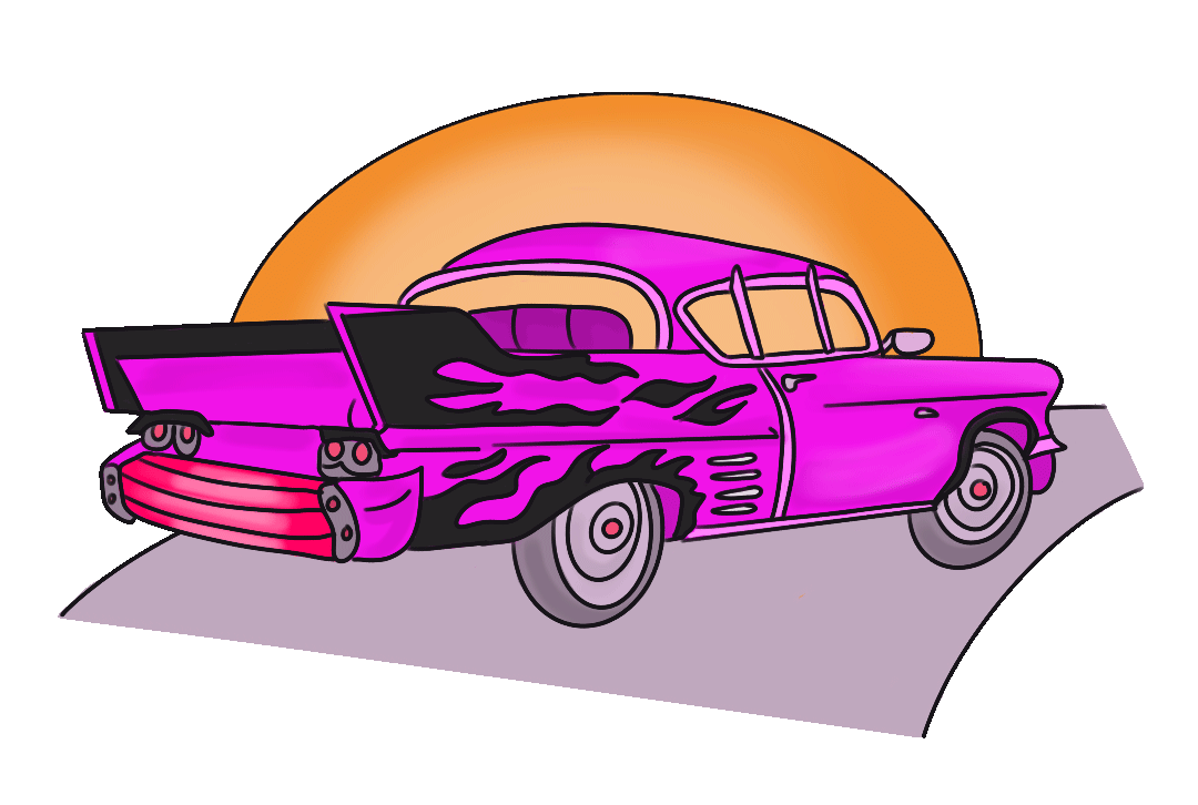 A cartoon illustration of a pink vintage car with black flames on the side, parked on a curved road with a green background and an orange sun setting behind.