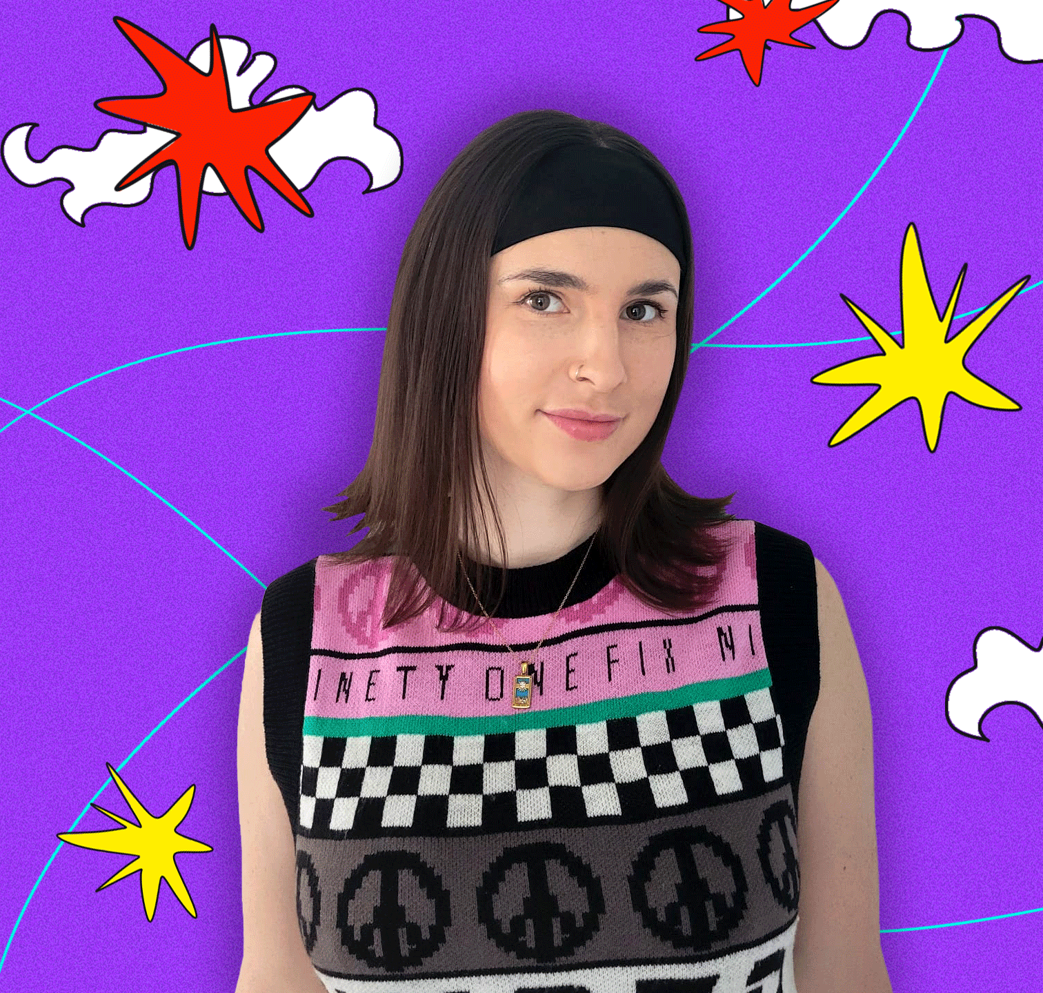 A young woman with shoulder-length brown hair, wearing a black headband, a pink and black sleeveless top with graphic patterns and words, standing against a vibrant purple background with colorful comic-style star and cloud illustrations.