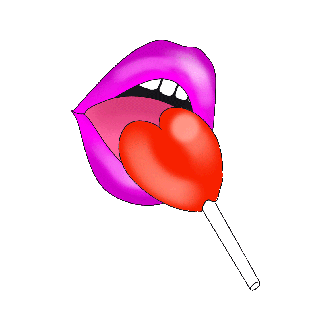 Illustration of purple lips with tongue out, holding a red heart-shaped lollipop.
