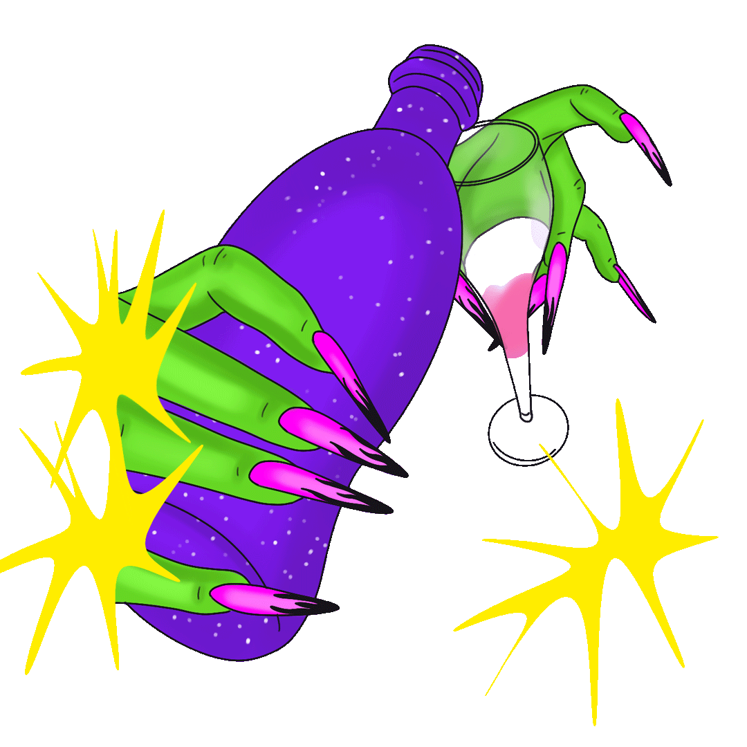 A colorful illustration of a fantastical creature with green claws, purple and blue body, and pink-tipped nails, surrounded by yellow star-like shapes on a dark red background.