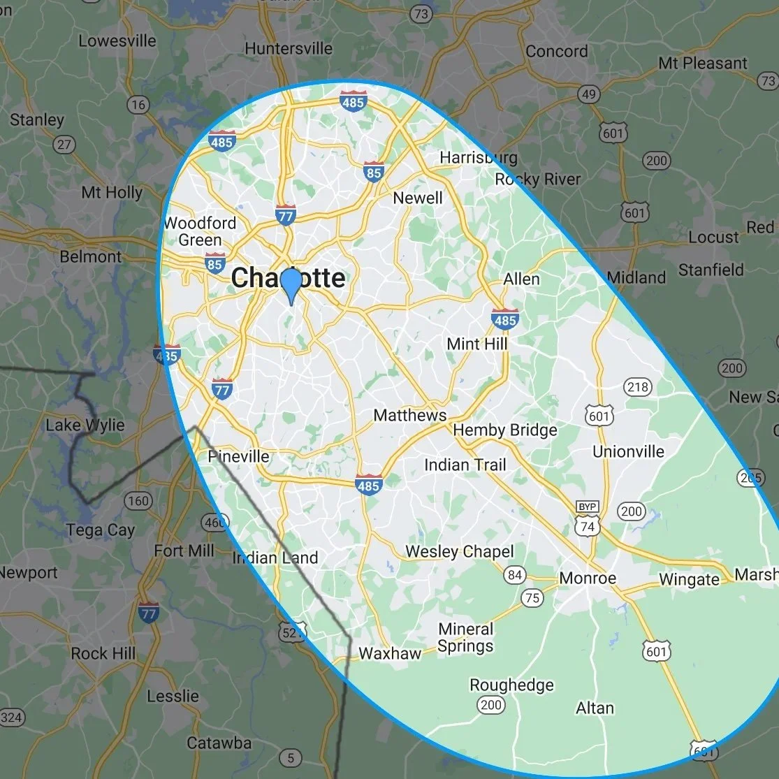 Map highlighting the Charlotte, North Carolina area with a weather radar overlay.