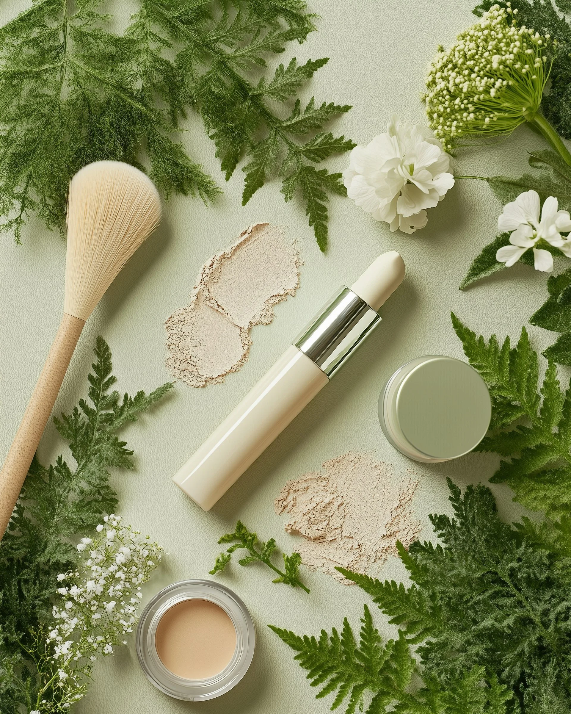 Cosmetic makeup products including loose powder, cream, and foundation jars surrounded by green foliage and white flowers.