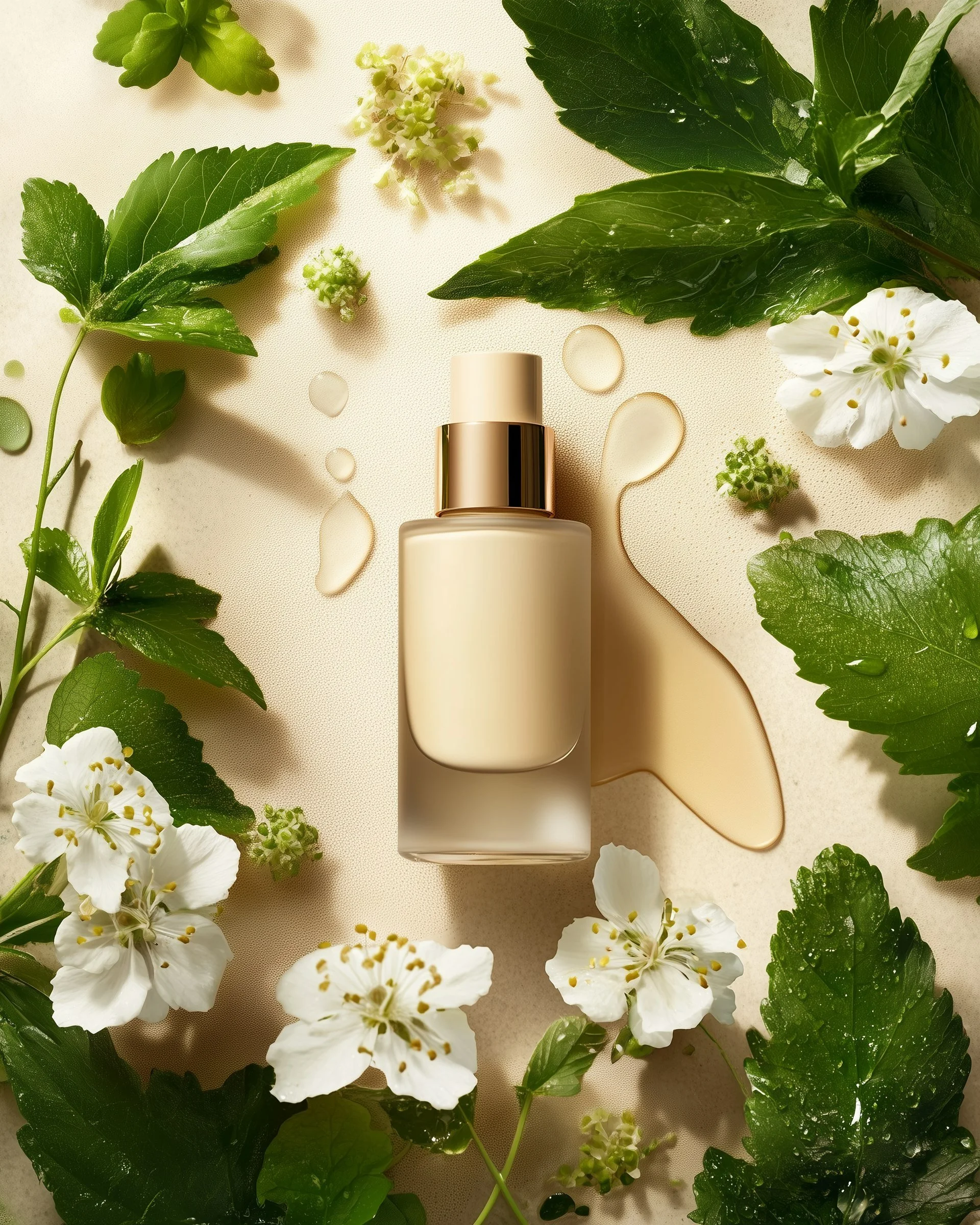 A bottle of skincare serum with a golden cap surrounded by white flowers and green leaves on a light background with some drops of liquid spilled around.