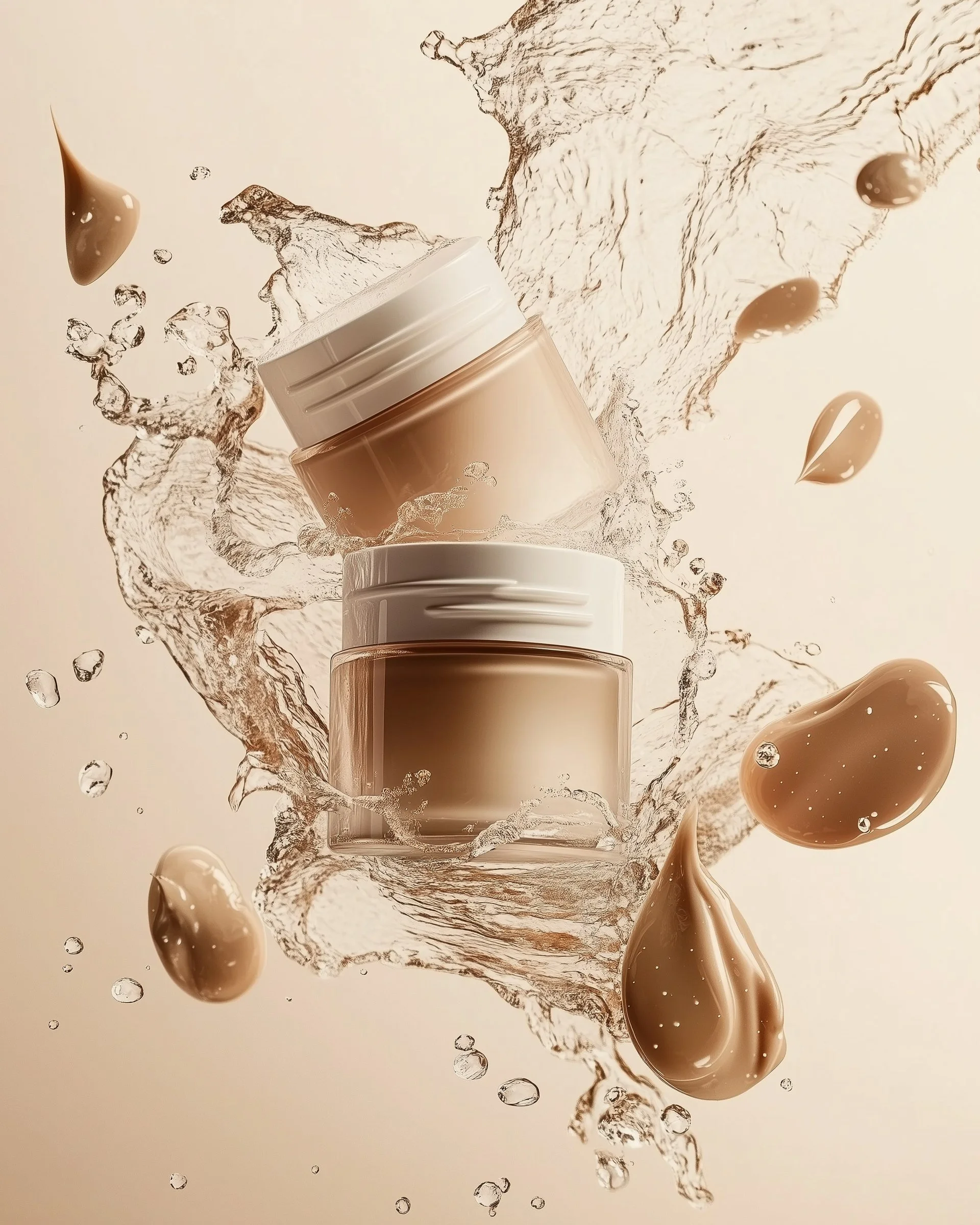 Two jars of beige cosmetic cream surrounded by splashing water and drops, with a light cream background.