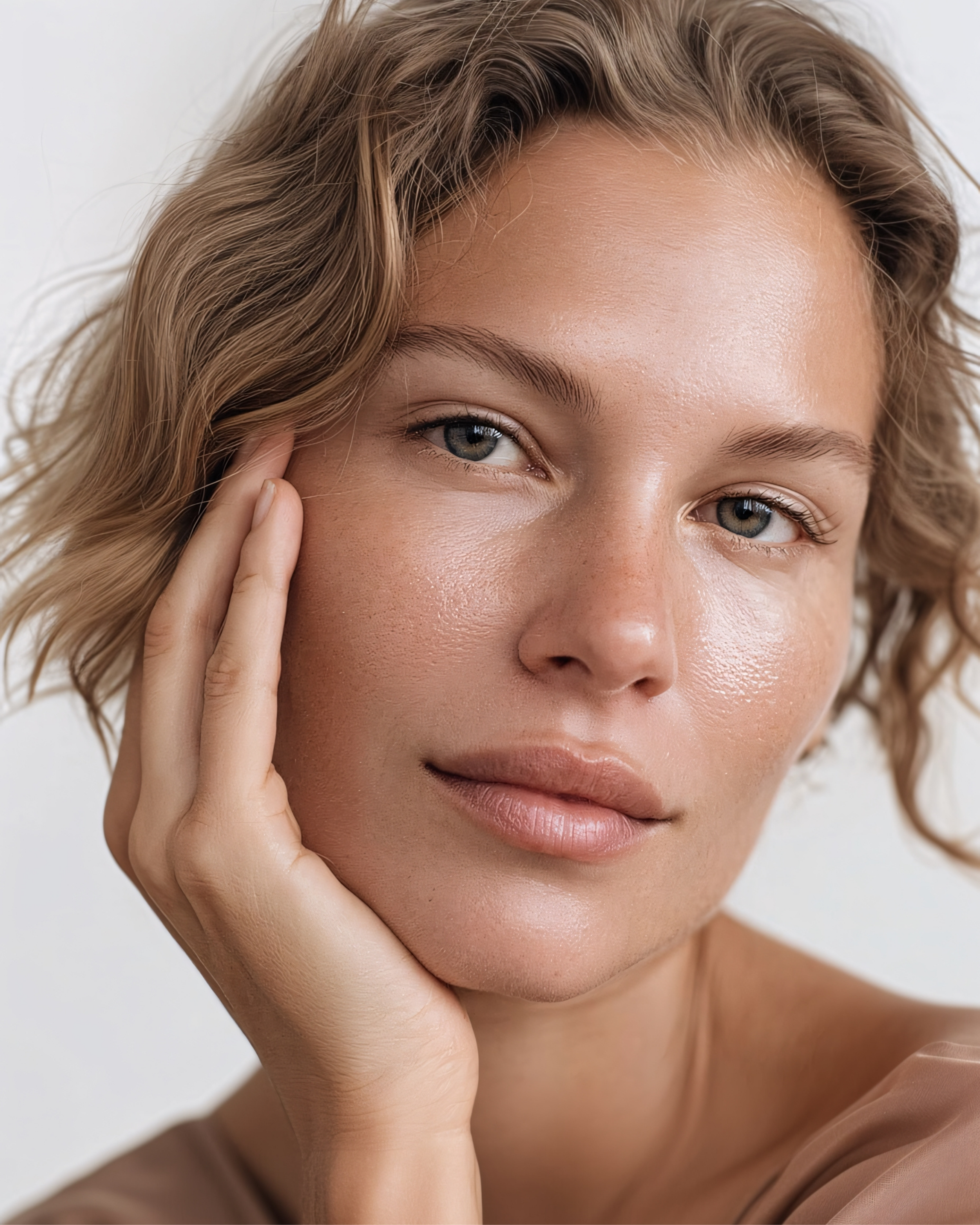Close-up portrait of a woman with short, wavy blonde hair and blue eyes, touching her face gently with her hand.