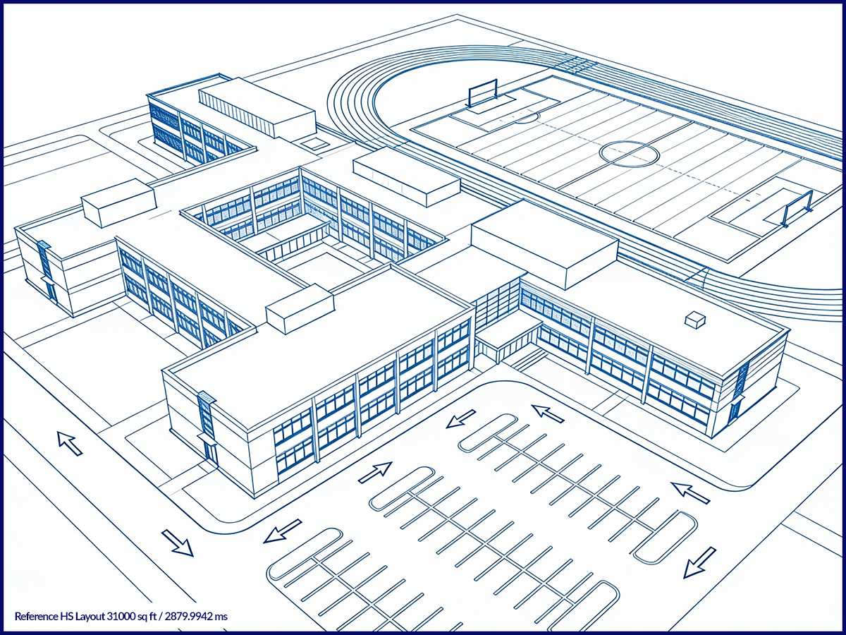 Blueprint drawing of a school building with an outdoor athletic field and parking lot.