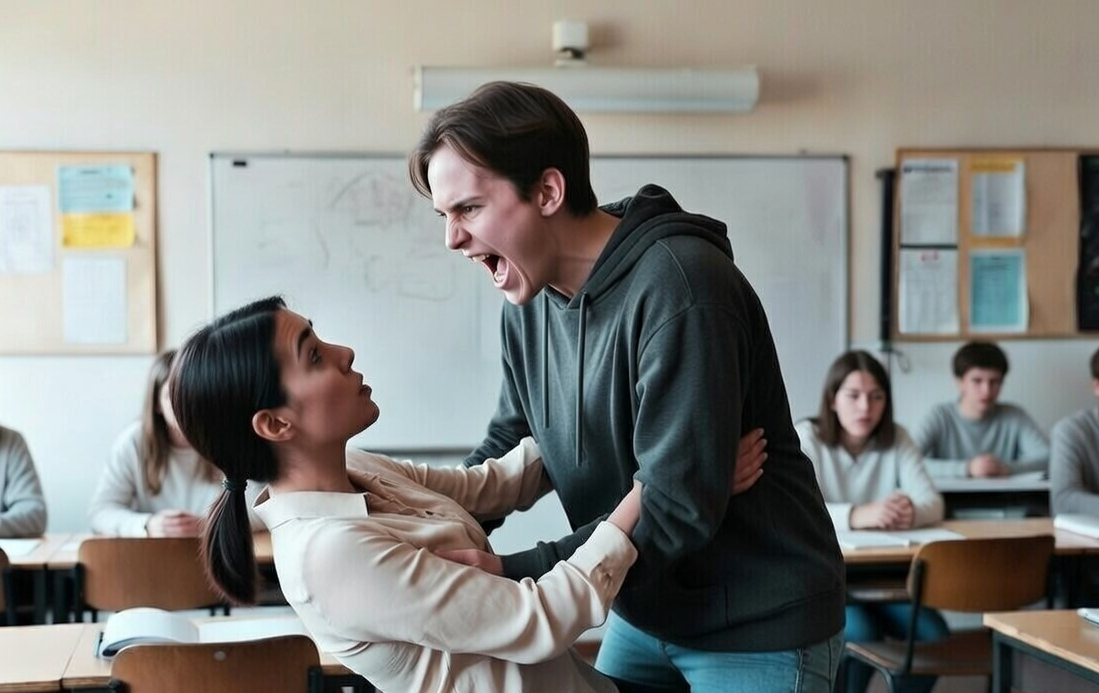 A confrontation between a young man and young woman in a classroom, with the man yelling and holding the woman by her arms while the woman looks upset. Other students sit at desks in the background.