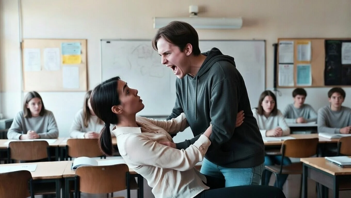 A young man is yelling at a Teacher in her classroom, grabbing her by the shoulders, while other students sit at desks watching.